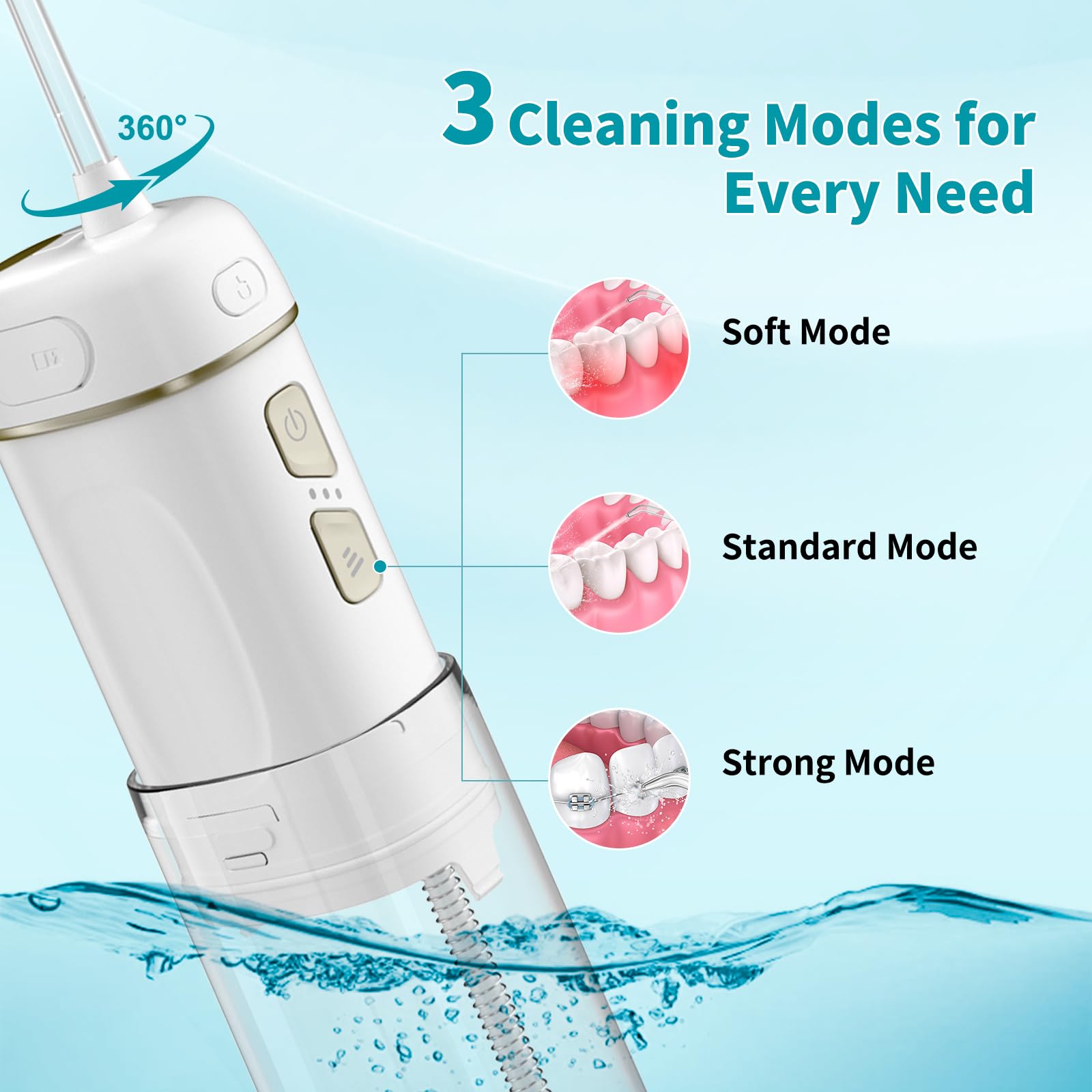 Hibbent Irrigador bucal portátil inalámbrico, mini irrigador oral con 3 modos y 4 puntas de chorro, IPX7, impermeable, recargable, para viajes, para el cuidado de frenos, dientes sensibles, ortodoncia