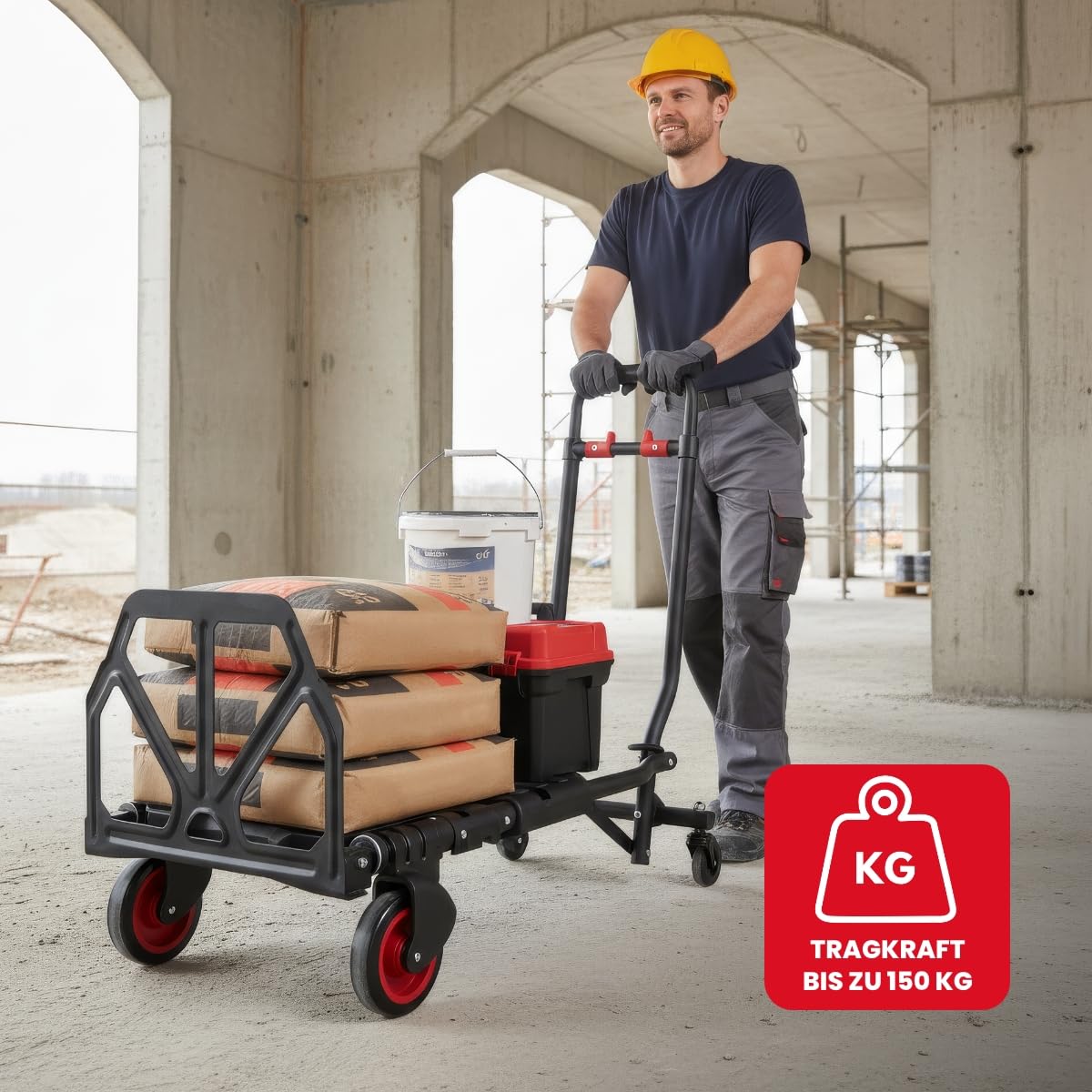 WALTER 2-in-1 Transportwagen & Transportkarre – 150 kg Tragkraft, ausziehbarer Griff, Feststellbremse, elastische Fixierbänder, klappbar