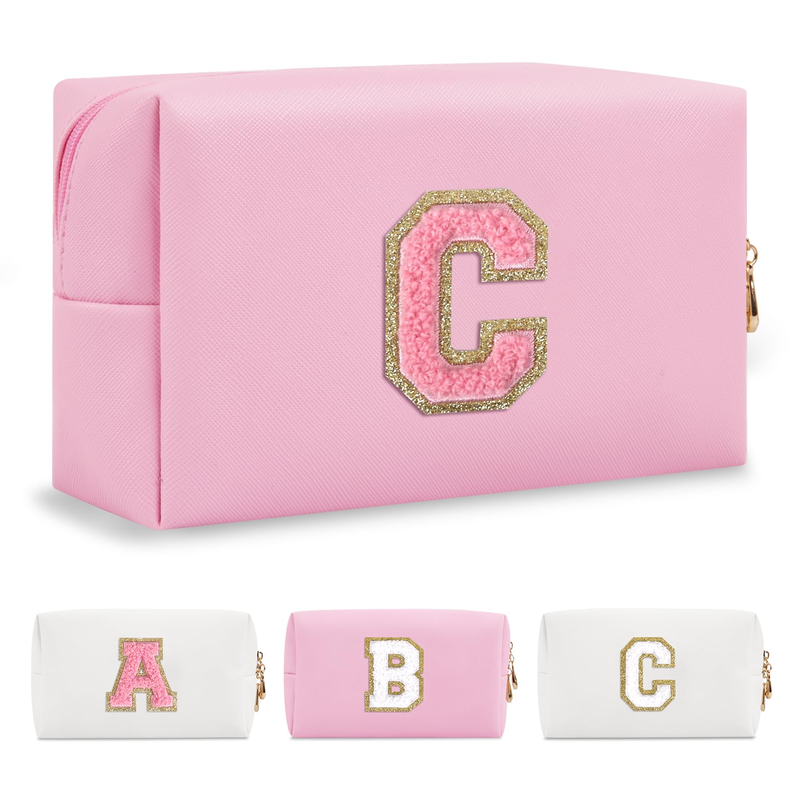 Personalized Initial A-Z Preppy Patch Makeup Bag,Small PU Leather Chenille Letter Cosmetic Bag with Zipper for Teen Girls,Pink Cute Travel Toiletry