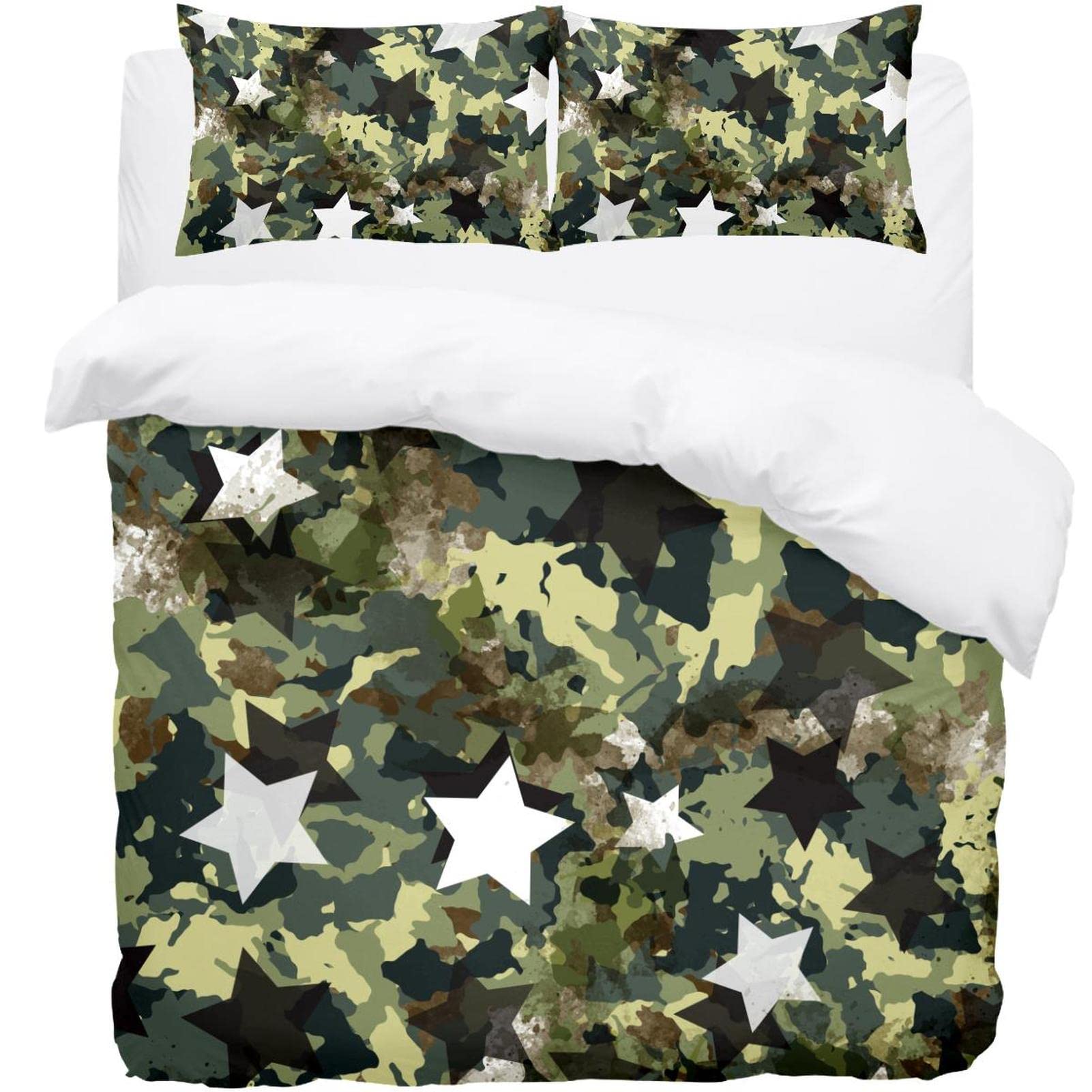Parure de lit imprimé camouflage avec étoiles housse de couette et taies d'oreiller graphiques