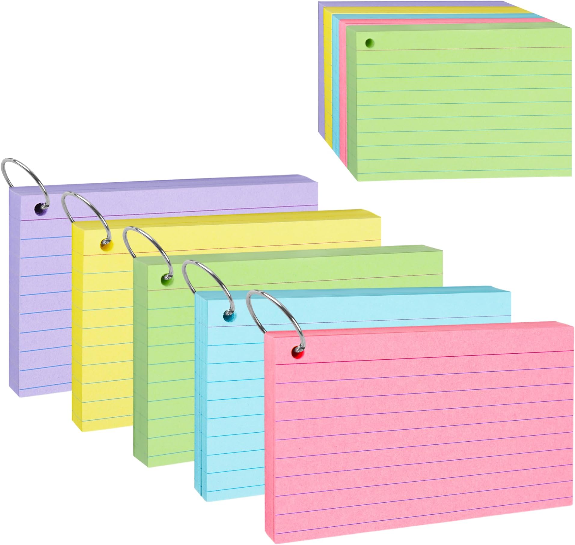 Index Cards with Ring, Index Cards 3x5, 325 Count, Colored Index Cards Ruled Flash Cards for Studying, Lined Notecards Flashcard for Office and School Learning Memory Recipe Game Cards