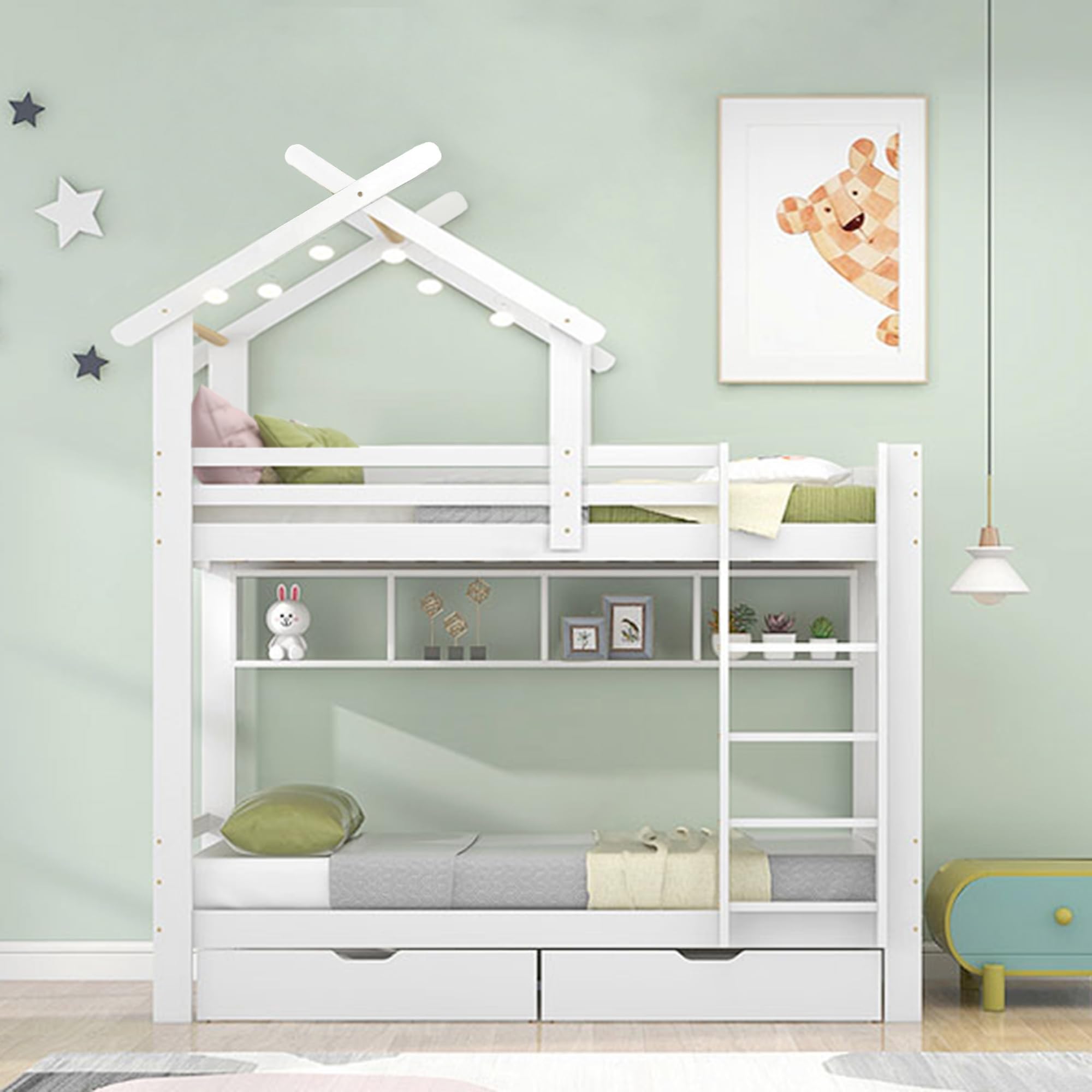 Cama Infantil, Litera Matrimonio 90x200, Litera para Niños con 2 Cajones y Estantes, Cama Altill con Escalera de Tres Peldaños y Tejado, Cama Altillo con Listones de Madera, Sin Colchón