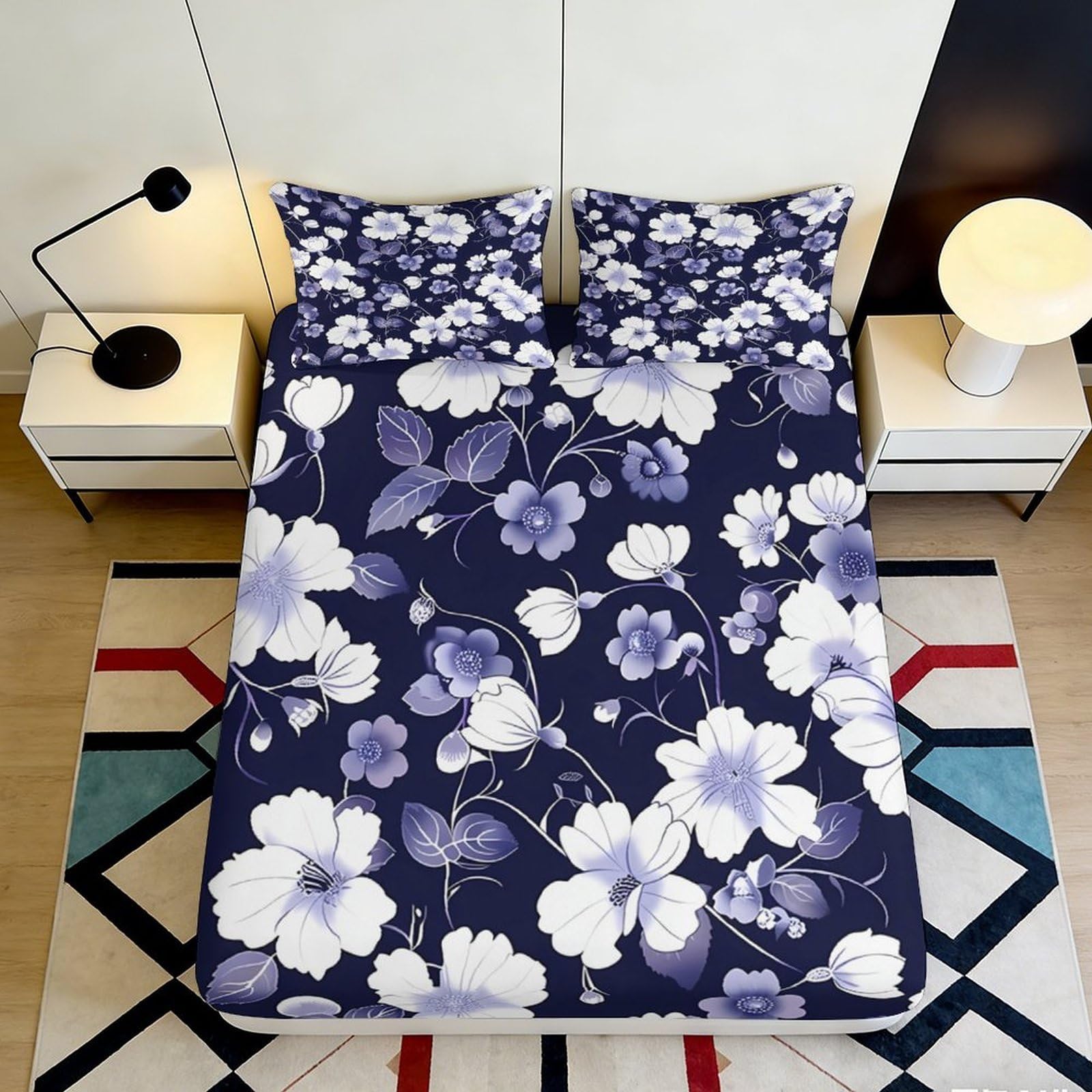 3D Printed Snowflake Fitted Sheet Microfiber Deep Pocket Bedding Set Purple Winter Mattress Fitted Cover Elastic Hem Washable for Bedroom 160x200x25cm