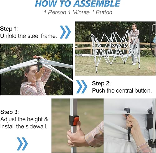 Miniatura 5 de WEIZE Tienda de campaña desplegable de 10 x 10, configuración de un botón, tienda de campaña desplegable con 1 pared lateral y 6 bolsillos, altura