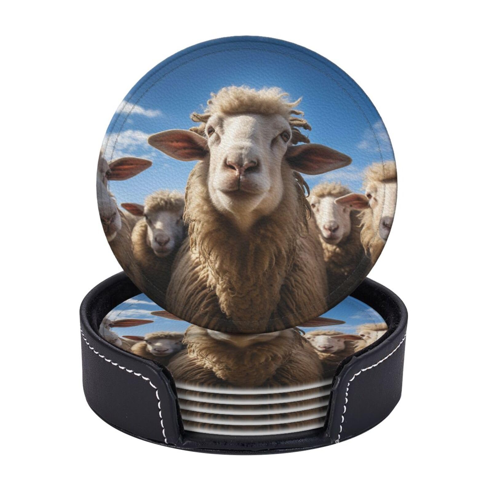 Coasters Set of 6 Leather Drink Coasters with Holder Sheep Looking Down Coasters for Drinks Heat Resistant Coaster Round Coffee Cup Mat Pad for Kitchen Office Home Decor