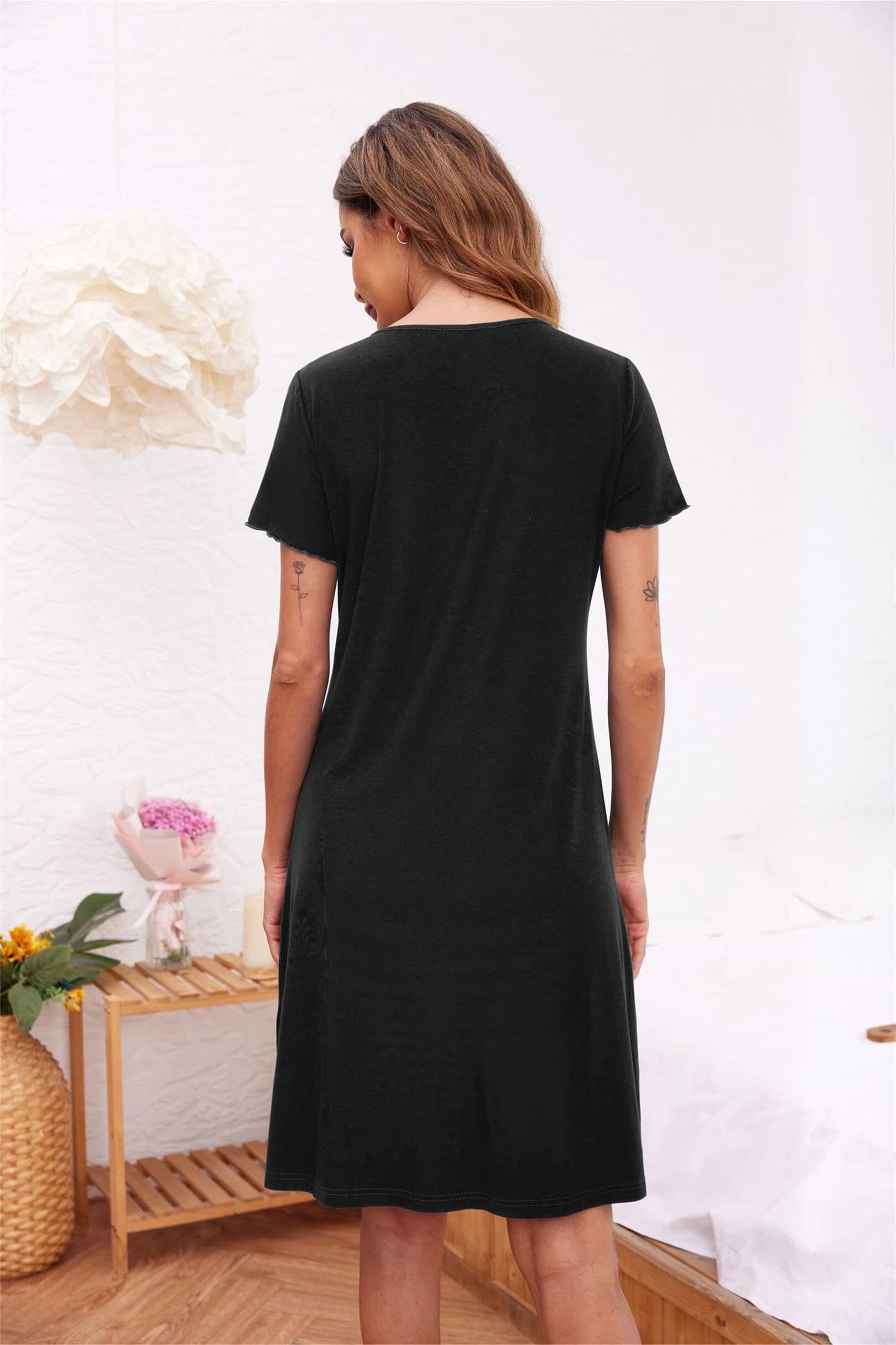 Ekouaer Nachthemd Damen Kurzarm Schlafshirt Kurz Sleepshirt Knopfleiste Nachtwäsche S-XXL
