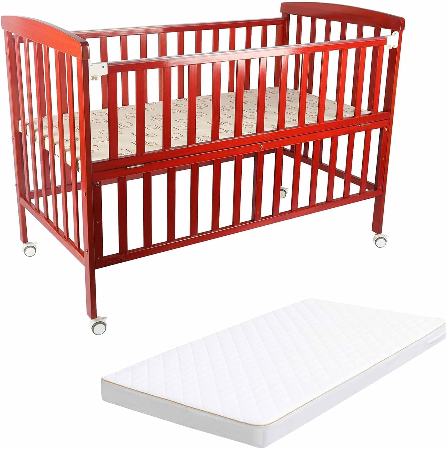 MOON Wooden Portable crib(129X69X96 cm) -Brown + Moon Crib Mattress (126 x 65 x 7 cm),|0-4 years|- White