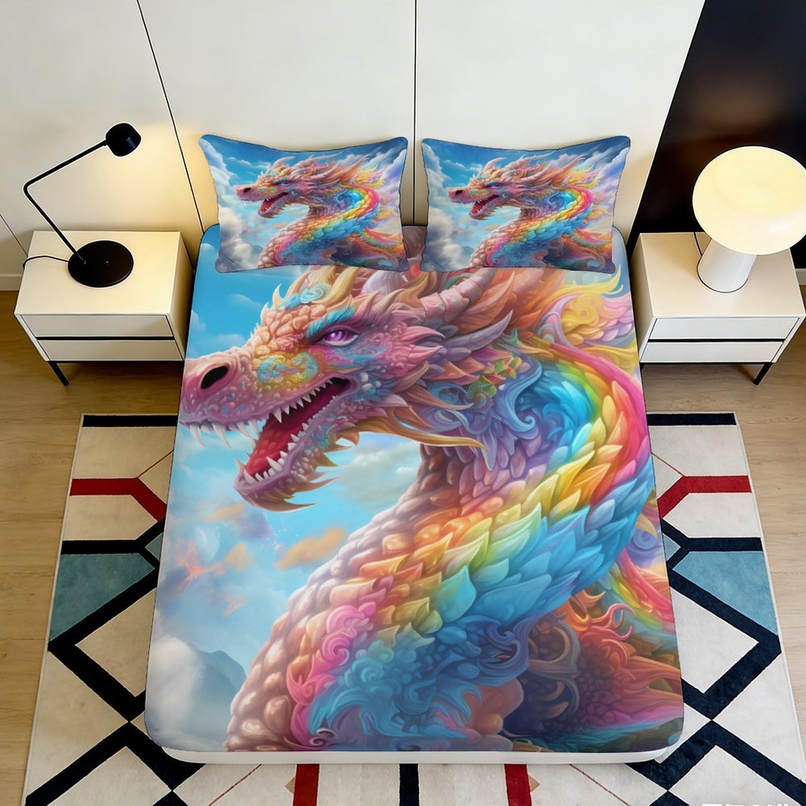 3D Printed Rainbow Dragon Fitted Sheet Microfiber Breathable Fantasy Sky Bed Cover for Bedroom Dorm Mattress Decor 90x200x25cm