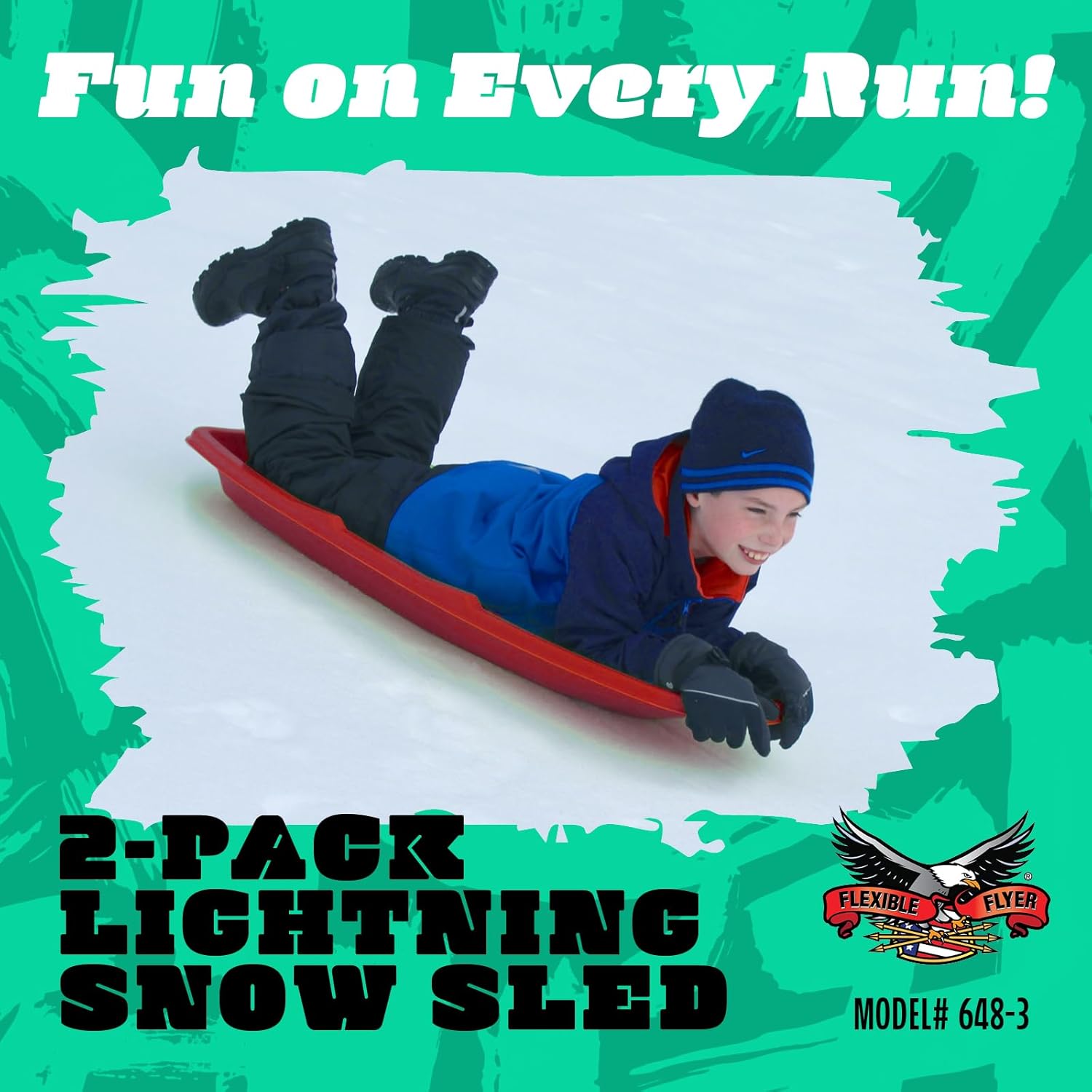 flexible flyer winter lightning snow sleds for kids and adults (2-pack, red) - 48 inch toboggan style plastic sled with hard bottom for fast, smooth rides - 1 or 2 riders