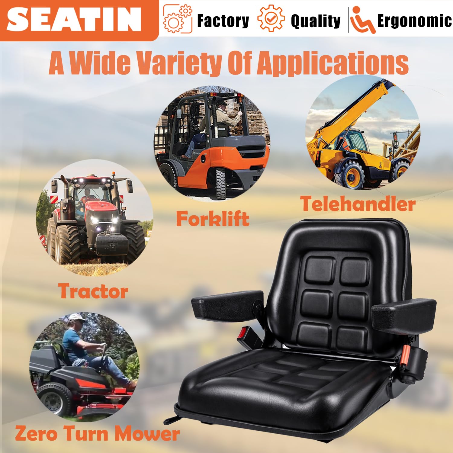 Asiento universal para carretilla elevadora con agujeros de montaje ajustables, reposabrazos, cinturón de seguridad y microinterruptor, asiento de tractor plegable para cortacéspedes, minicargadoras,