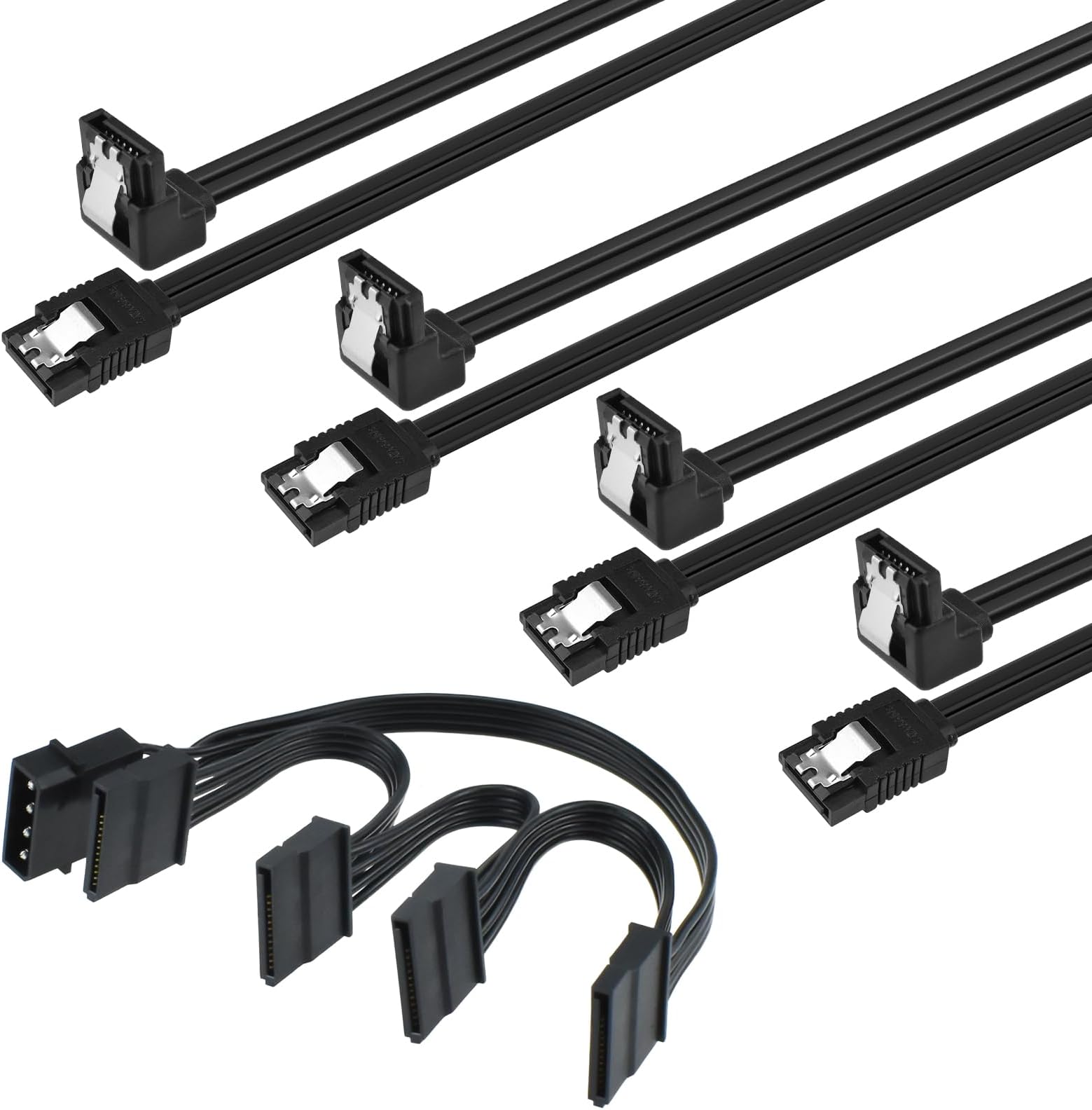 Right Angle SATA Cable III and IDE to SATA Power Splitter Cable, 4 Pack 6Gbps SATA Data Cable LP4 4 Pin IDE to 4 x 15 Pin SATA Power Splitter for HDD SSD