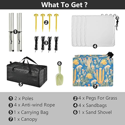 Miniatura 4 de Green Cactus Blue Foldable Beach Canopy UPF50+ Lightweight Outdoor Sun Shade Includes Sand Shovel, Sandbags, Stability Poles for Camping, Fishing,