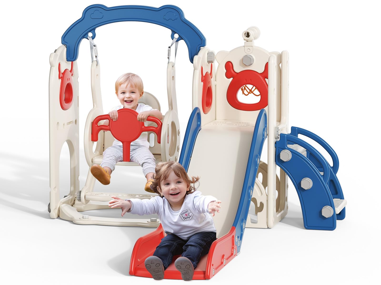 Kids Slide Toddler Slide Freestanding with Basketball Hoop, Climber, Aisle and Storage Space,Climber Hole, Toddler Outdoor Playset Gift for Toddlers Indoors Outdoor Use (6-in-1, swing, blue red)