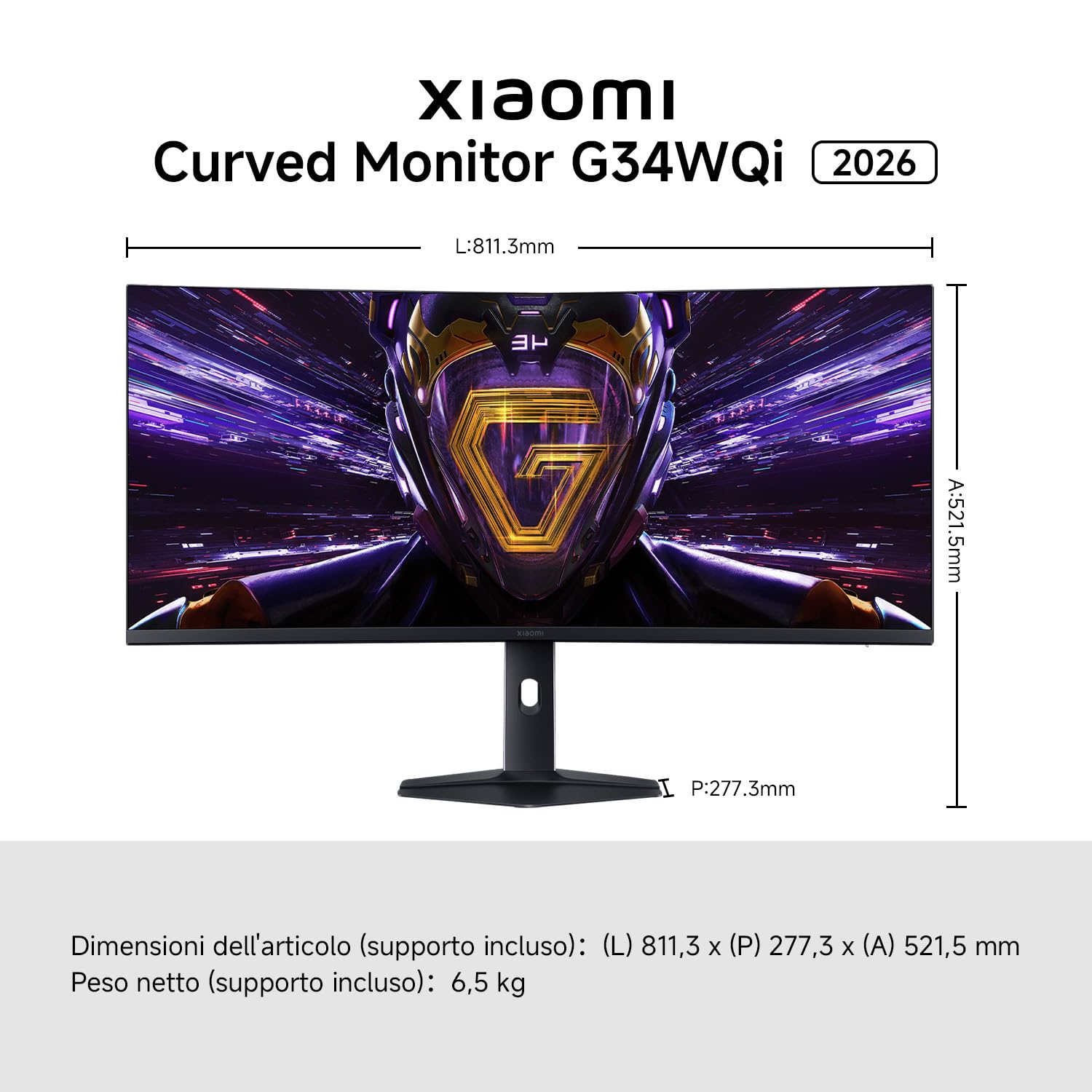 XIAOMI G34WQi 2026 Monitor Gaming Curvo 2K da 34 Pollici, 180Hz, 1ms GTG, FreeSync Premium, 1500R, HDR400, 100% sRGB, 95% DCI-P3,TÜV Low Blue Light (3440 x 1440/21:9/HDMI 2.0/DP 1.4)