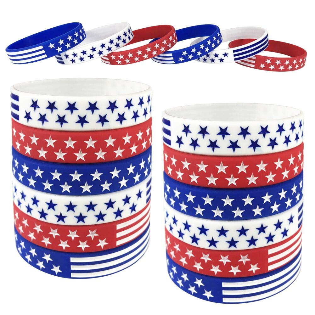 18 Pcs American Flag Silicone Bracelet, USA Silicone Bracelets Wristbands, American Flag Red White and Blue Bracelet for Kids, Teens, Adults Sports