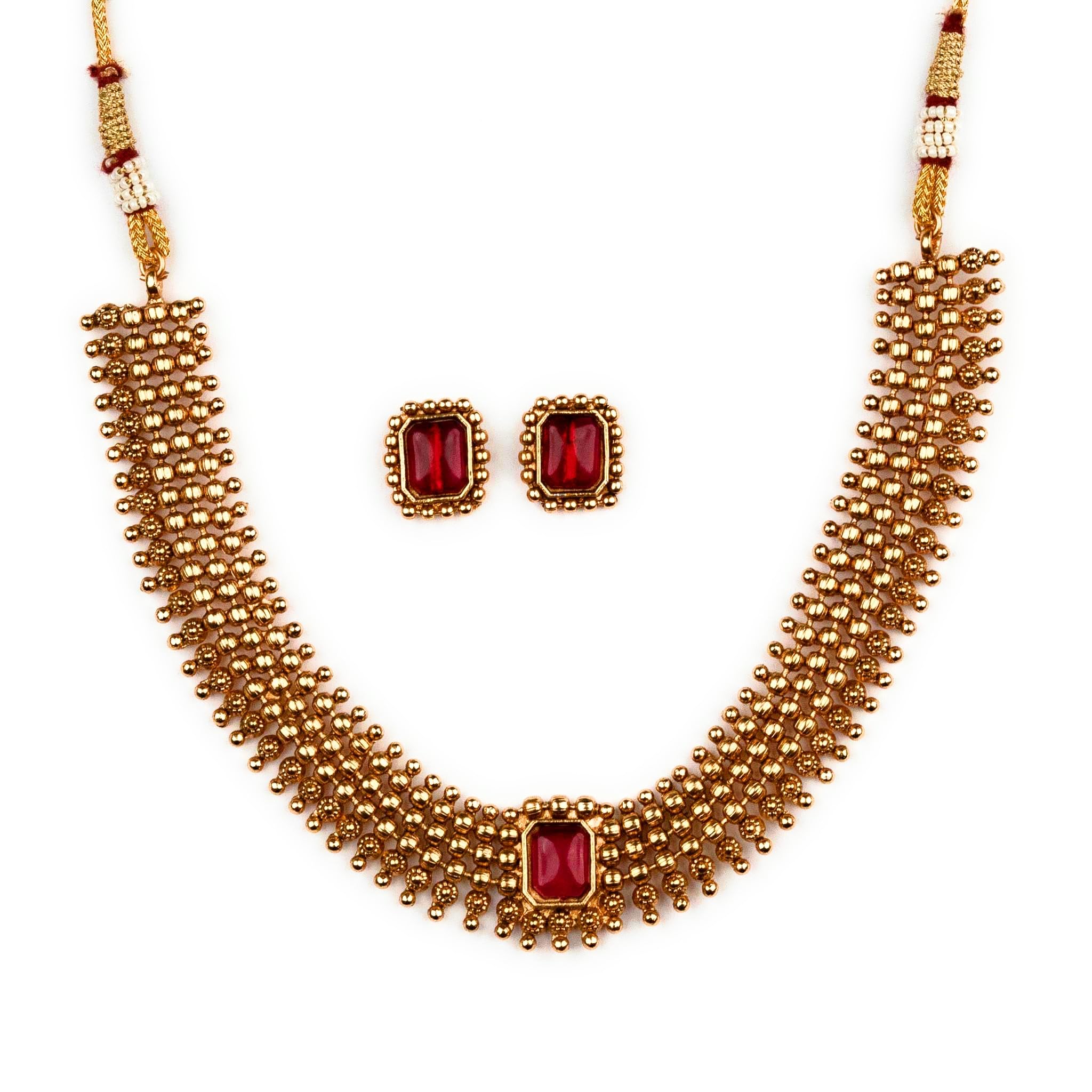 Matte Gold Plated Ball Chain Necklace Set with Rectangle Stone & Matching Earrings-image-12