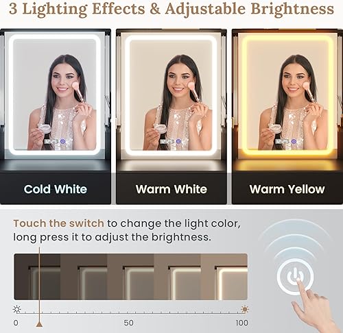 Miniatura 3 de Tiptiper Escritorio grande de maquillaje con espejo y luces, mesa de tocador con estación de carga, pantalla de tiempo y luz ambiental, mesa de