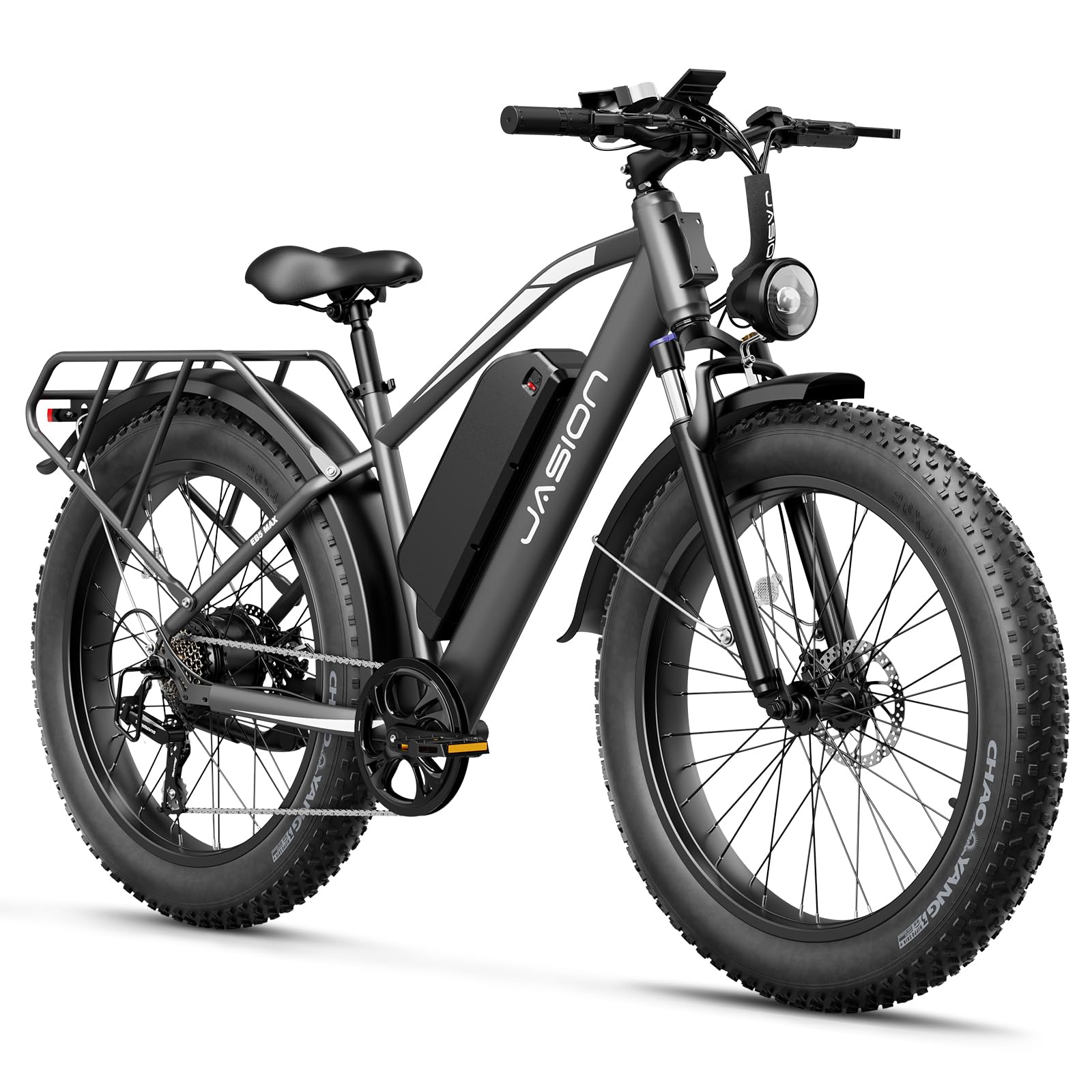 Jasion EB5 MAX Electric Bike for Adults with 1500W Peak Motor, 48V 15Ah (720Wh) Battery Electric Mountain Bike, 26'' x 4'' Fat Tire Ebike, 28+MPH Speed, Cruise Control, with Fenders, Rear Rack