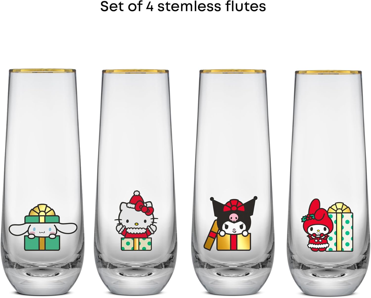 JoyJolt Hello Kitty and Friends Holiday Stemless Flutes, 9.5oz Drinking Glasses Set of 4, Kawaii Sanrio Hello Kitty Kitchen Glass Set Ideal for Water Juice Smoothies, Skinny Tall Glasses - Image 7