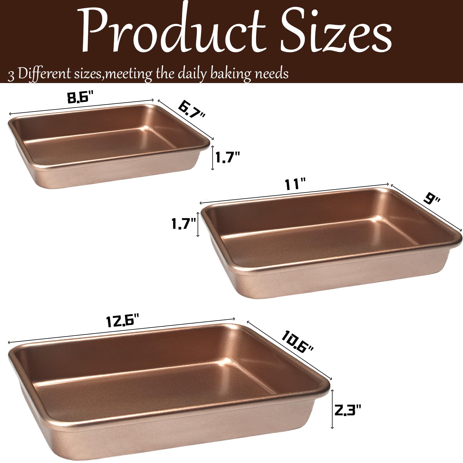 Juego de 3 moldes rectangulares para tartas, antiadherentes de carbono para horno, bandeja de horno dorada, bandeja de horno para brownie, pan, cacerola