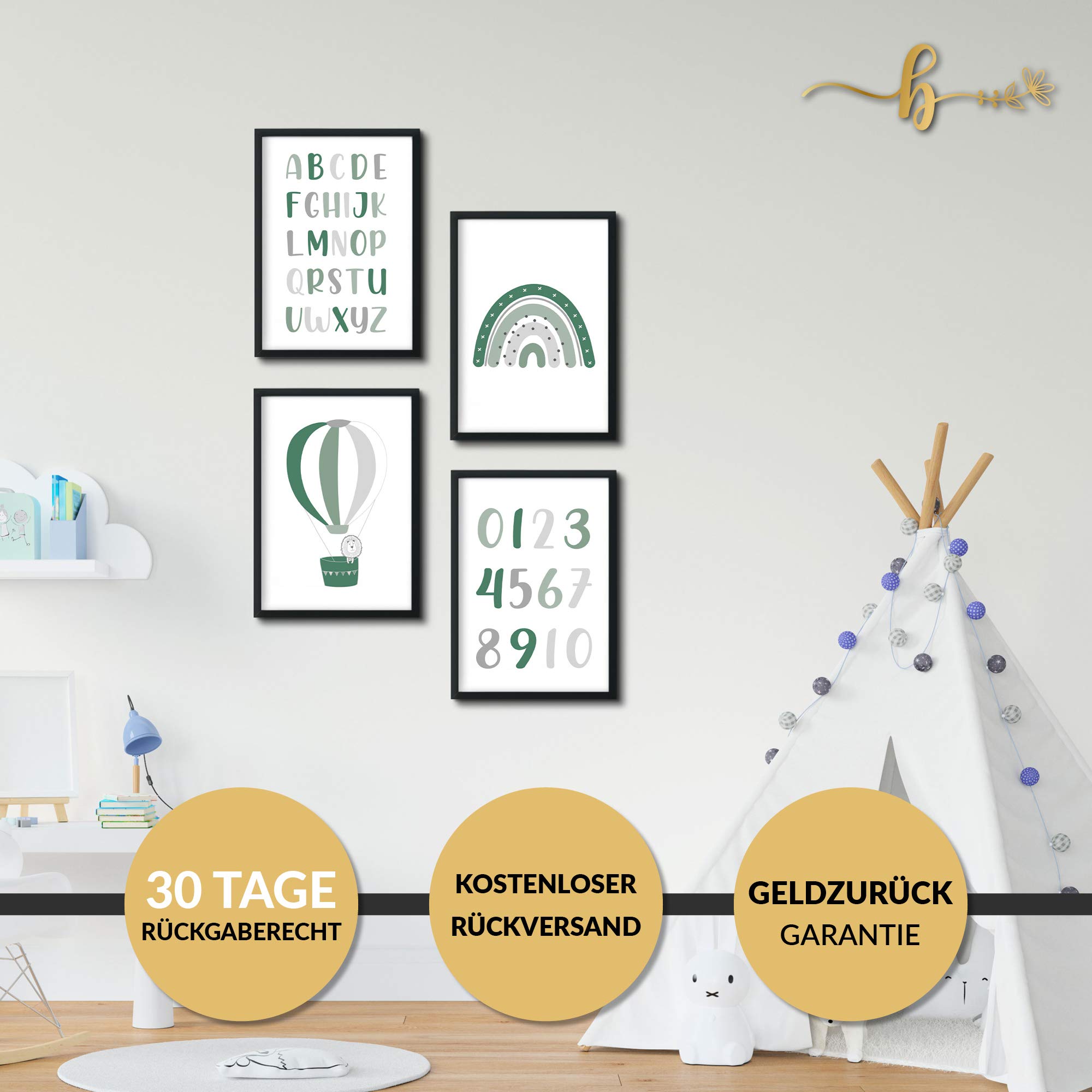 Lot de 4 posters décoratifs pour chambre d'enfant - Pour chambre de bébé garçon et fille - 4 images encadrées dans un cadre noir en bois - 4 x DIN A3 - « Alphabet vert »