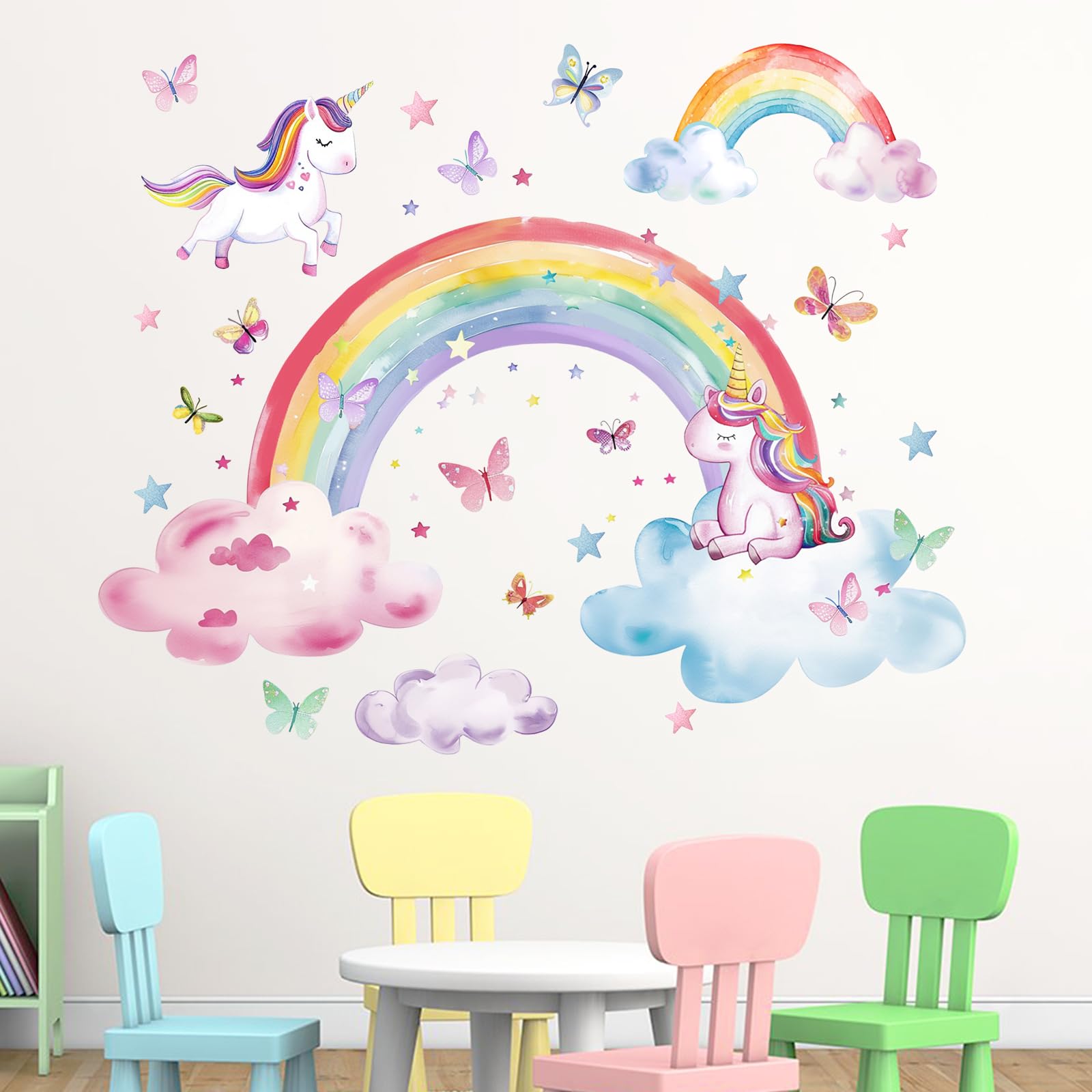 Mfault Watercolor Rainbow Unicorn Wall Decals Stickers, Clouds Butterfly Stars Nursery Decorations Baby Bedroom Art, Toddlers Kids Girls Boys Room Playroom Decor