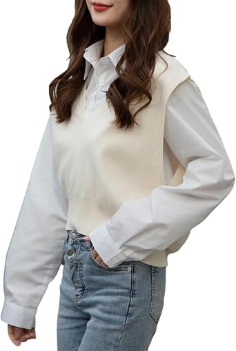 Bozanly Womens V Neck Crop Knit Sweater Vest Sleeveless Preppy Style Pullover Knitwear Tops
