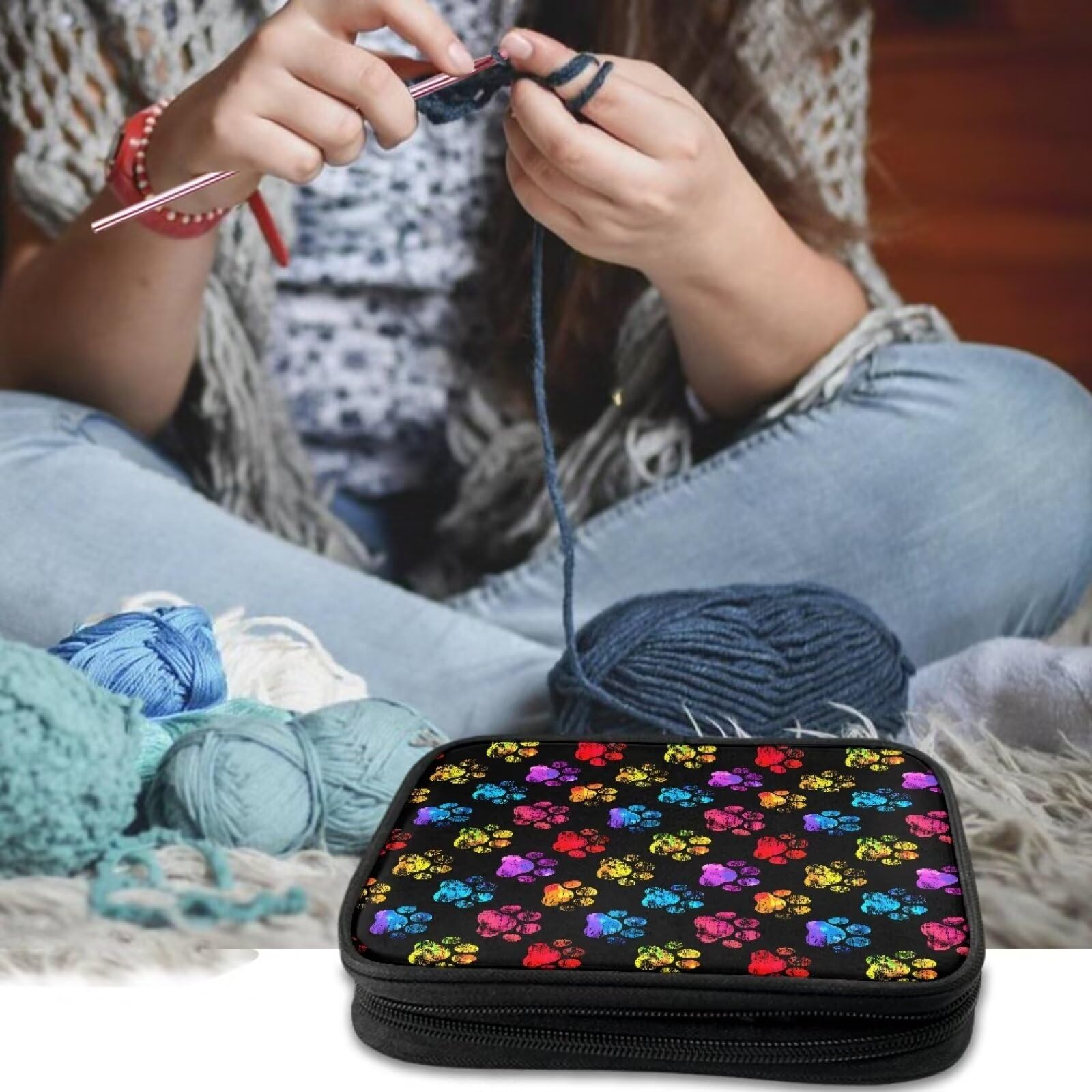 CREAMIC Dog Paw Print Crochet Hook Bag Organizer Crochet Hook Organizer Portable Traveling Needle Organizer for Crochet Hooks and Knitting Accessories Large Capacity Crochet Tool Organizer