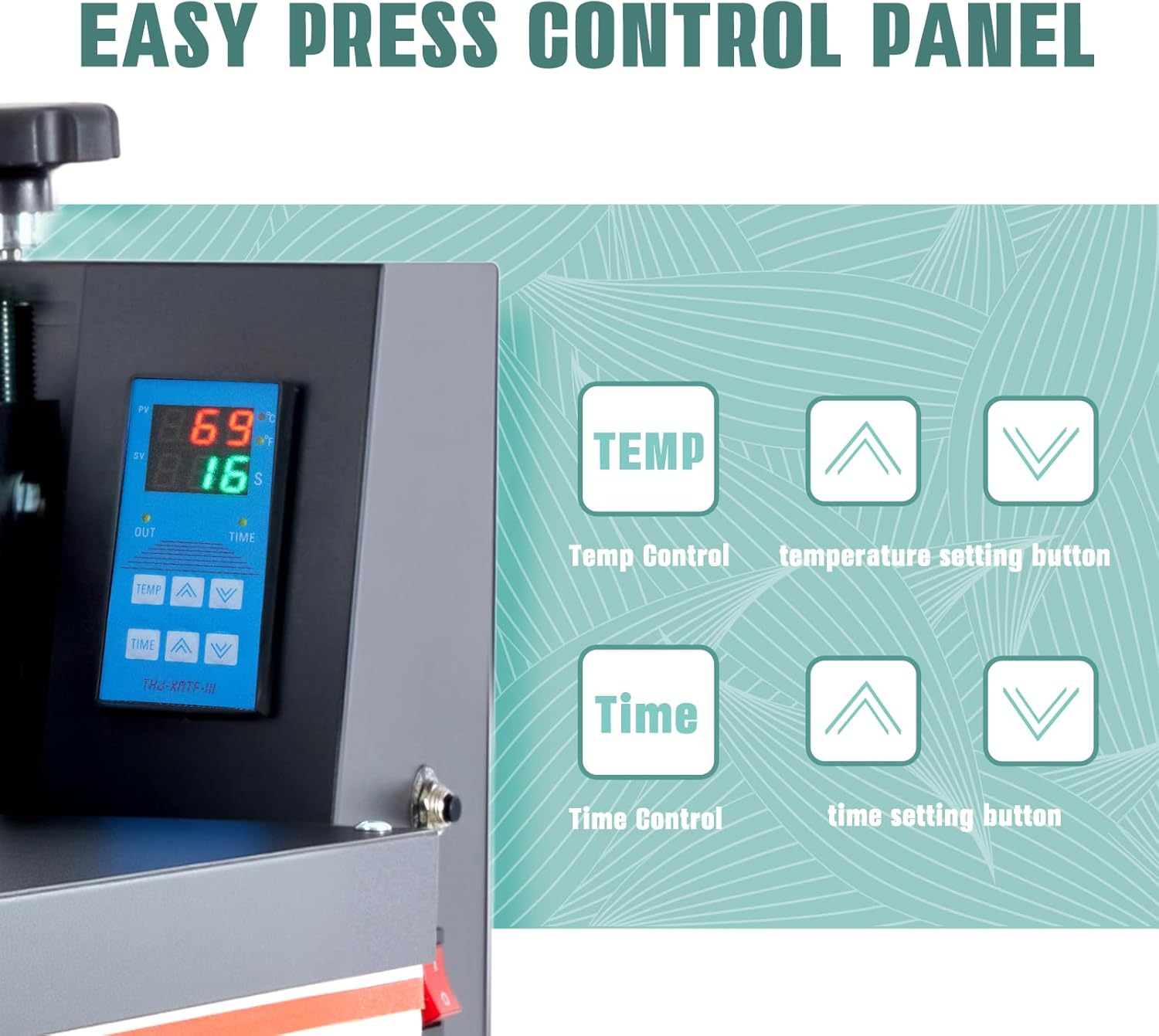 Close-up of the OLIXIS Heat Press LCD control panel showing temperature and time settings with corresponding control buttons.