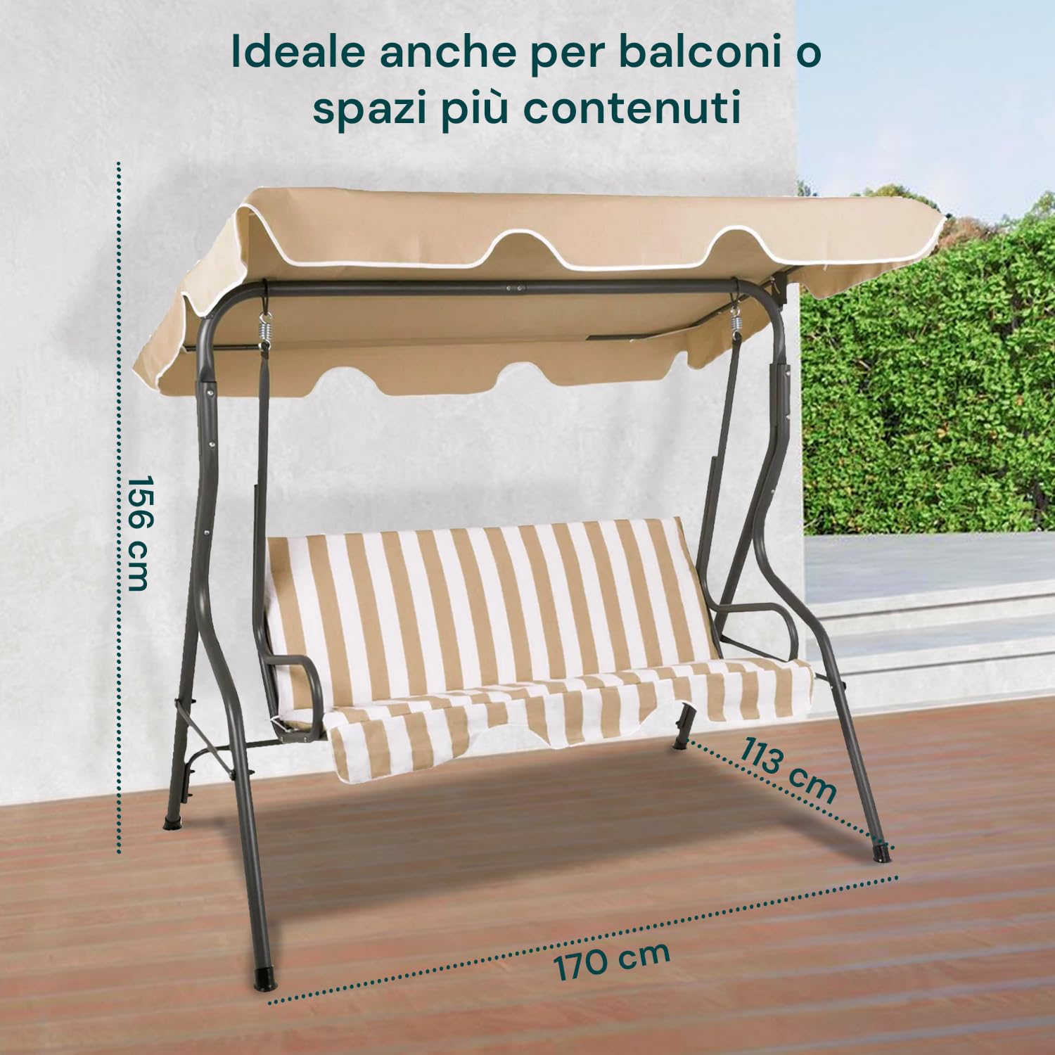 Avilia Dondolo da Giardino 3 Posti con Tettuccio – Dondolo da Esterno in Acciaio Antracite con Seduta Beige, Struttura Robusta e Parasole Regolabile per Patio, Terrazzo, Veranda
