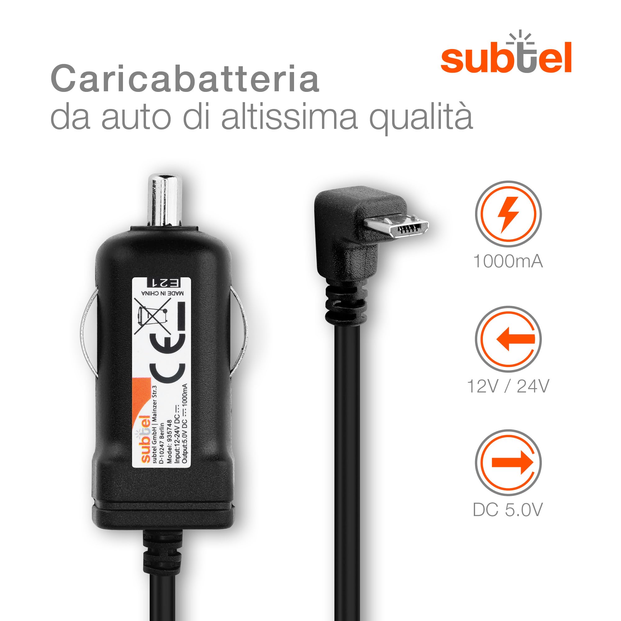 Subtel Caricatore Micro-USB 90° da Auto 1.1m 1A 5V per Navigatore GPS