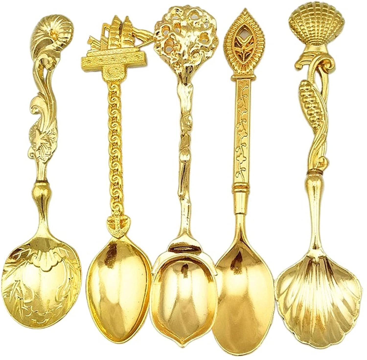 Cucchiaini Dessert Zuppa 5 Pz Occidente Retro Cucchiai Cucchiaini da caffè Bevanda Gelato Strumenti Stiranti Stirring Cucchiaio Flatware Accessori cucina Resistenti Cucina(Gold)