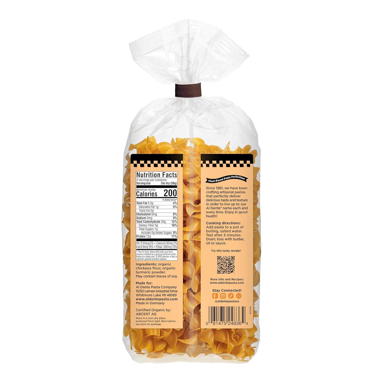 Al Dente Plant-Based Pasta Chickpea + Turmeric – Organic, Gluten-Free, Non-GMO, Vegan, High Protein, Low Carb Noodles - Delicious and Versatile - Great for Soups, Salads. 8oz Bags (Pack of 6)