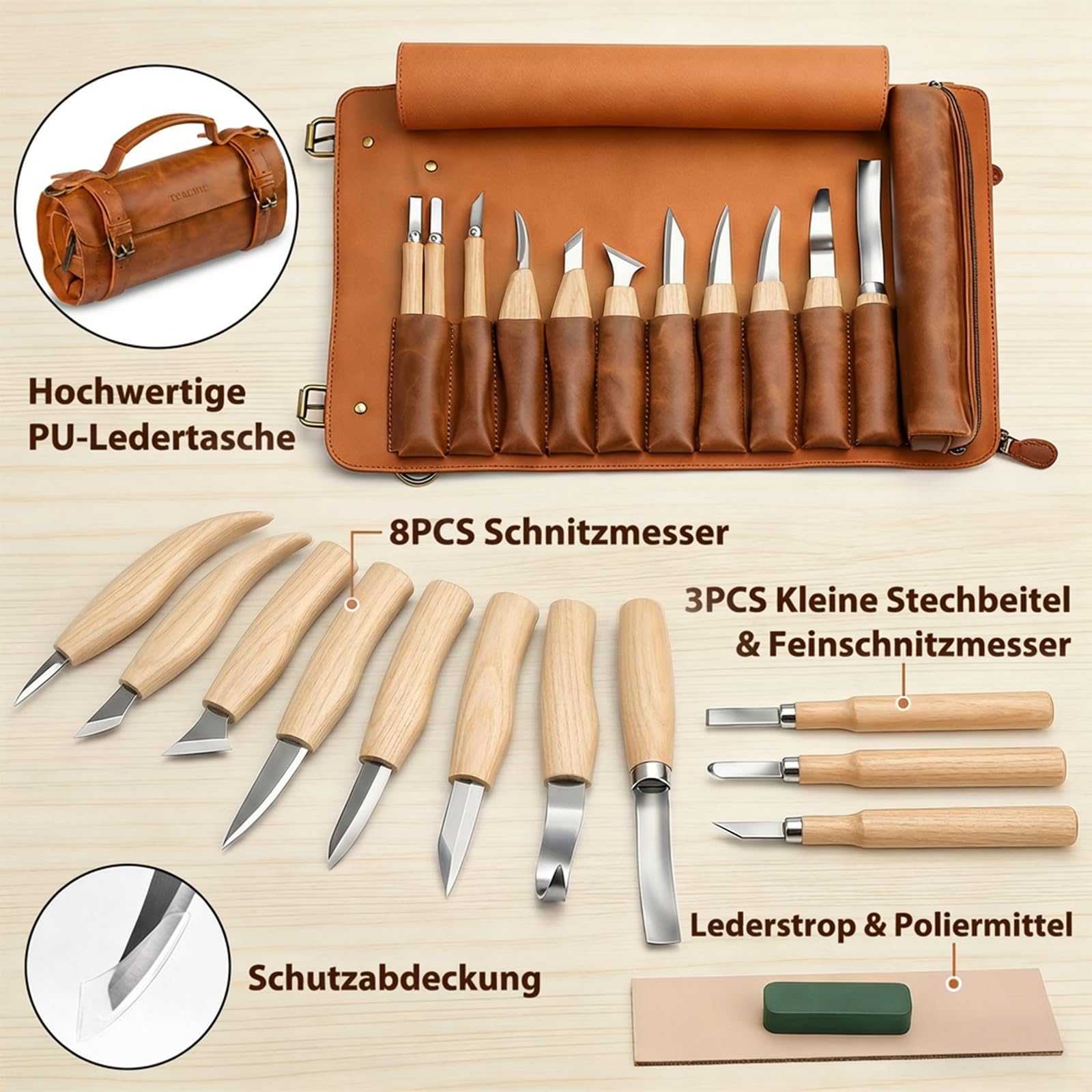 Set di 14 Coltelli per Intaglio del Legno con Astuccio in PU, Kit di Attrezzi Professionale per Intaglio, Adatto per Principianti, Adulti e Appassionati di Artigianato del Legno