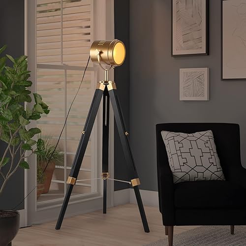 Miniatura 5 de Lámpara de pie de metal con trípode industrial, cabeza de rotación de latón, focos de pie altos de madera negra para dormitorio, altura ajustable