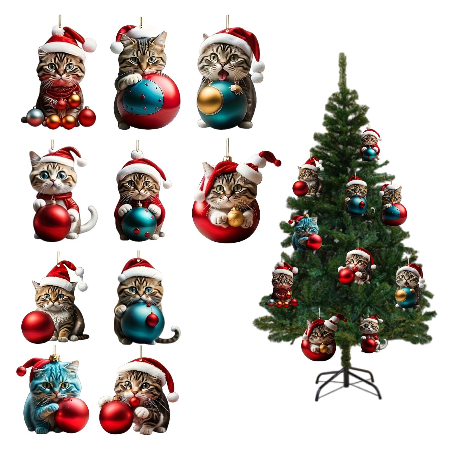 10 adornos para árbol de Navidad con diseño de gato, bolas de Navidad, gatos, colgantes de Navidad, para decoración de coche y gatos. Adecuado para decoración de árbol de Navidad y coche