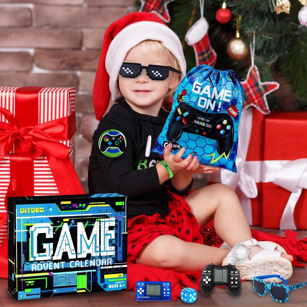 DIYDEC Christmas Advent Calendar 2025, 24 Days Christmas Countdown Calendar with Video Game Party Favors for Kids Xmas Keychains Bracelet Toys for Boys Girls Adults Goodie Bags Fillers