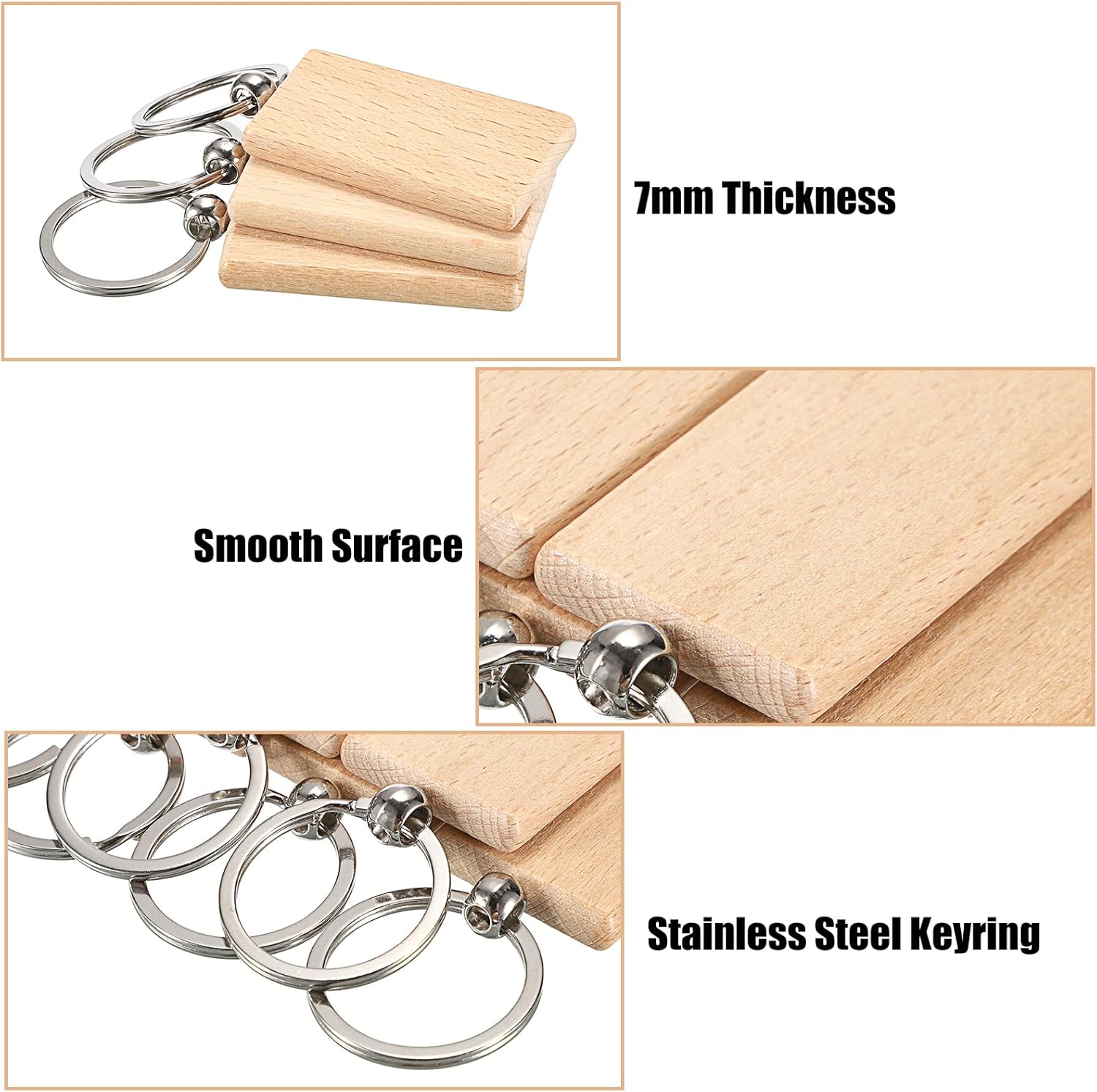 JUXYES 200 PCS Unfinished Wooden Keychain Blanks for Engraving, Wood Engraving Blanks Key Chain, DIY Rectangle Wood Keychain Tags Unfinished Wooden Key Ring Key Tag