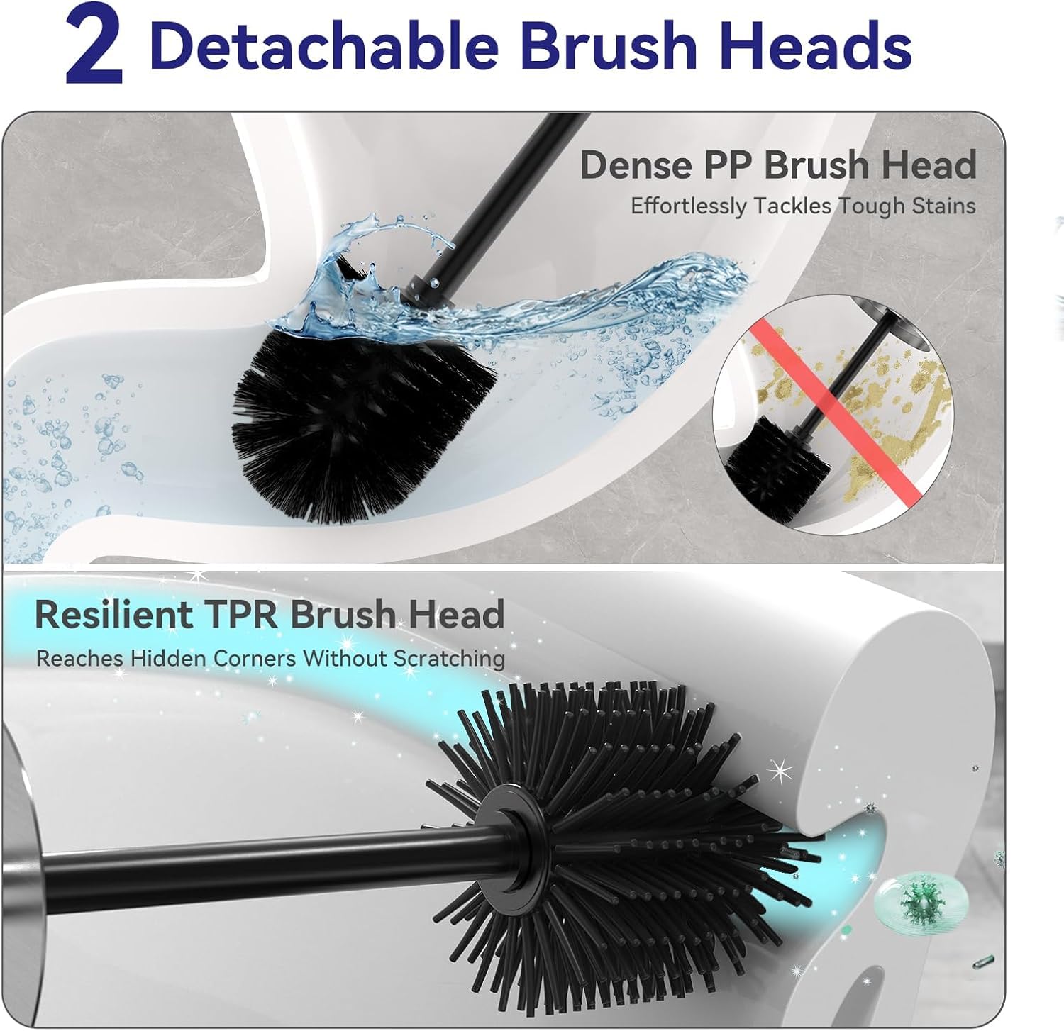 DOWRY Lot de 2 brosses de cuvette de toilette en acier inoxydable et support pour salle de bain, nettoyage en profondeur avec long manche, brosse de cuvette de toilette cachée avec 2 têtes, décoration