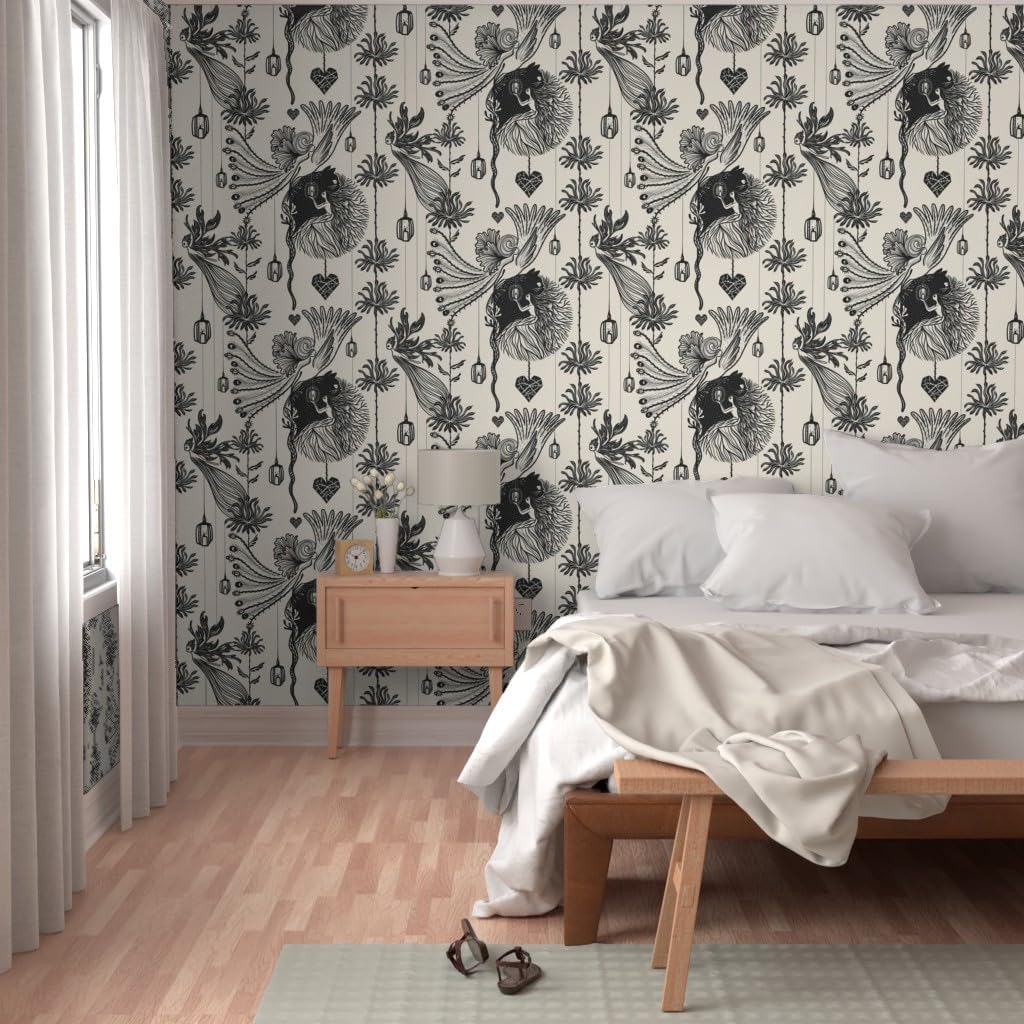 Peel & Stick Wallpaper 3ft x 2ft - Fairy Bird Flowers Dark Cat Night Gothic Fantasy Custom Removable Wallpaper by Spoonflower