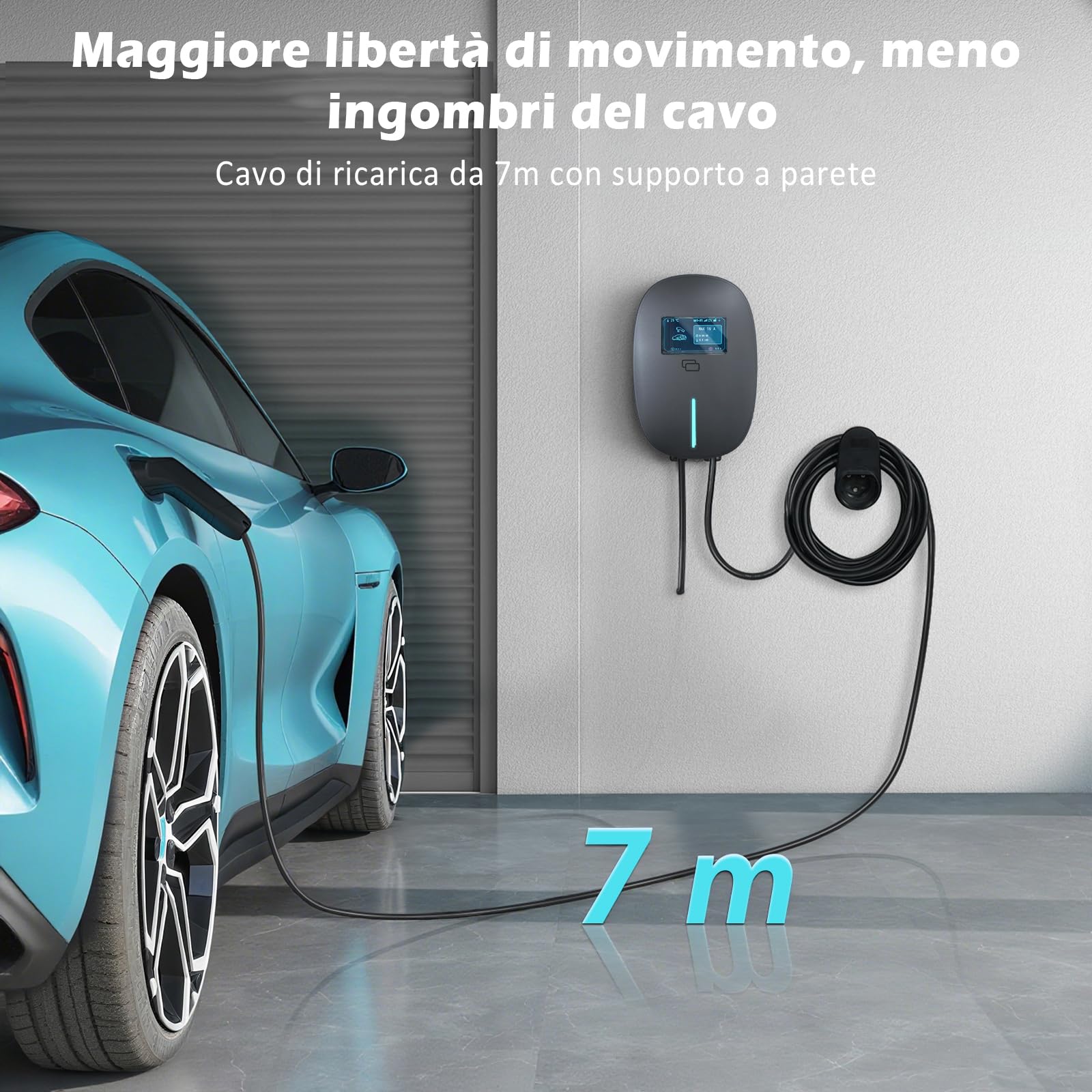 YU YUSING Colonnina Ricarica Auto Elettrica 22 KW, 7M Cavo Ricarica Auto Elettrica Tipo 2, 6-32A Wallbox Trifase, Carichino Auto elettrica con Schuko, Contro App, LCD Digitale e Supporto, IP65, Grigio