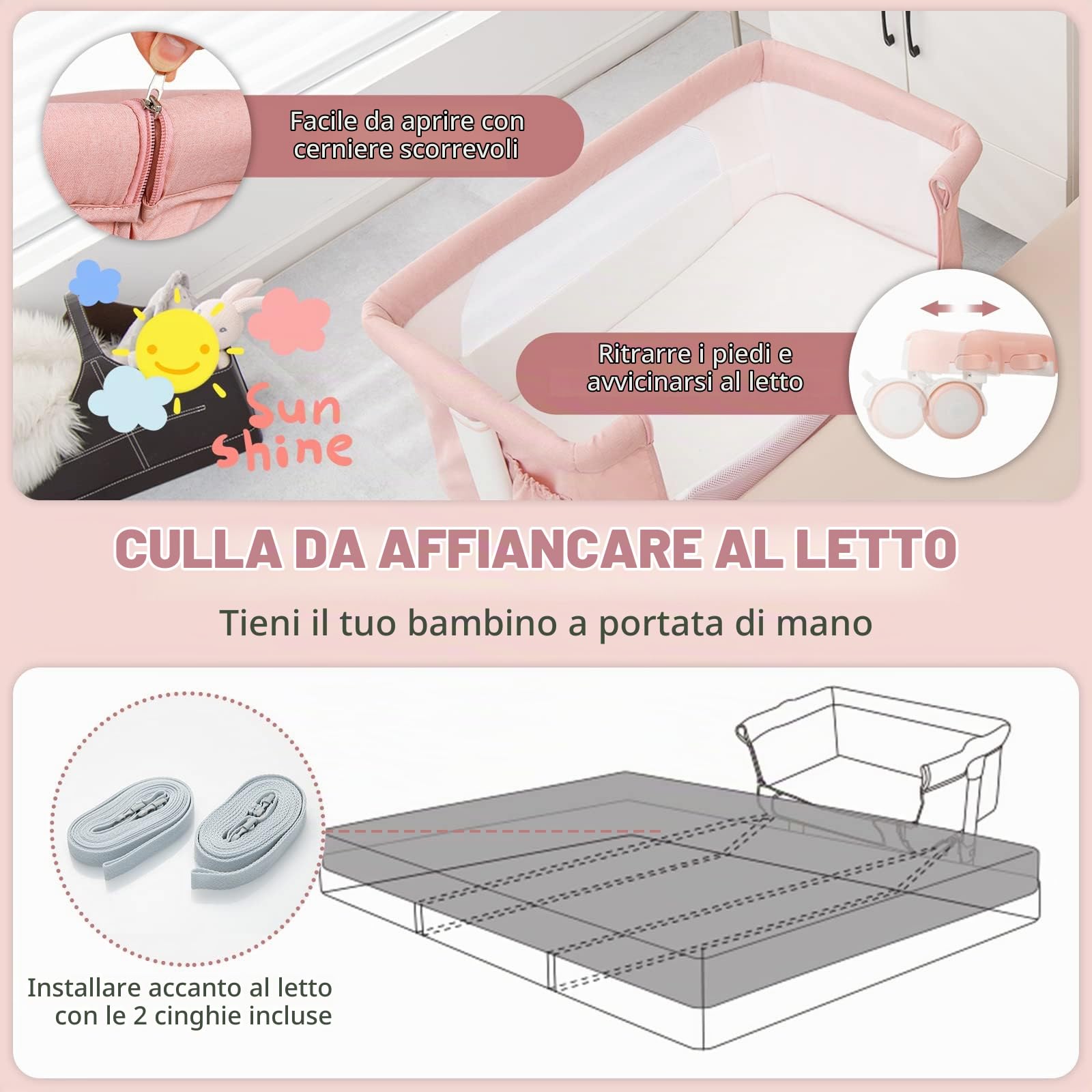 LIFEZEAL 3 in 1 Lettino con Materasso Laterale Regolabile in 5 livelli, Culla per Neonato da Viaggio Mobile su Ruote con Tasca e Borsa per Trasporto (rosa)