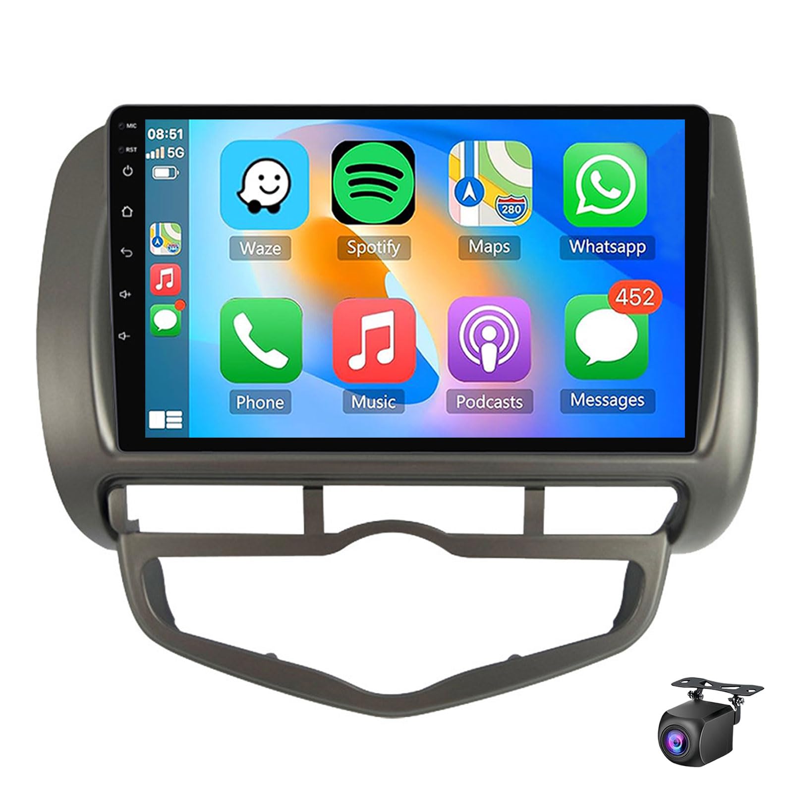 Autoradio Android 15 per Hon-da jazz city 2002-2007 con CarPlay wireless Android Auto Mirror Link touchscreen da 9'' Bluetooth navigazione GPS WiFi FM RDS telecamera posteriore(Size:8Core 4+32G)