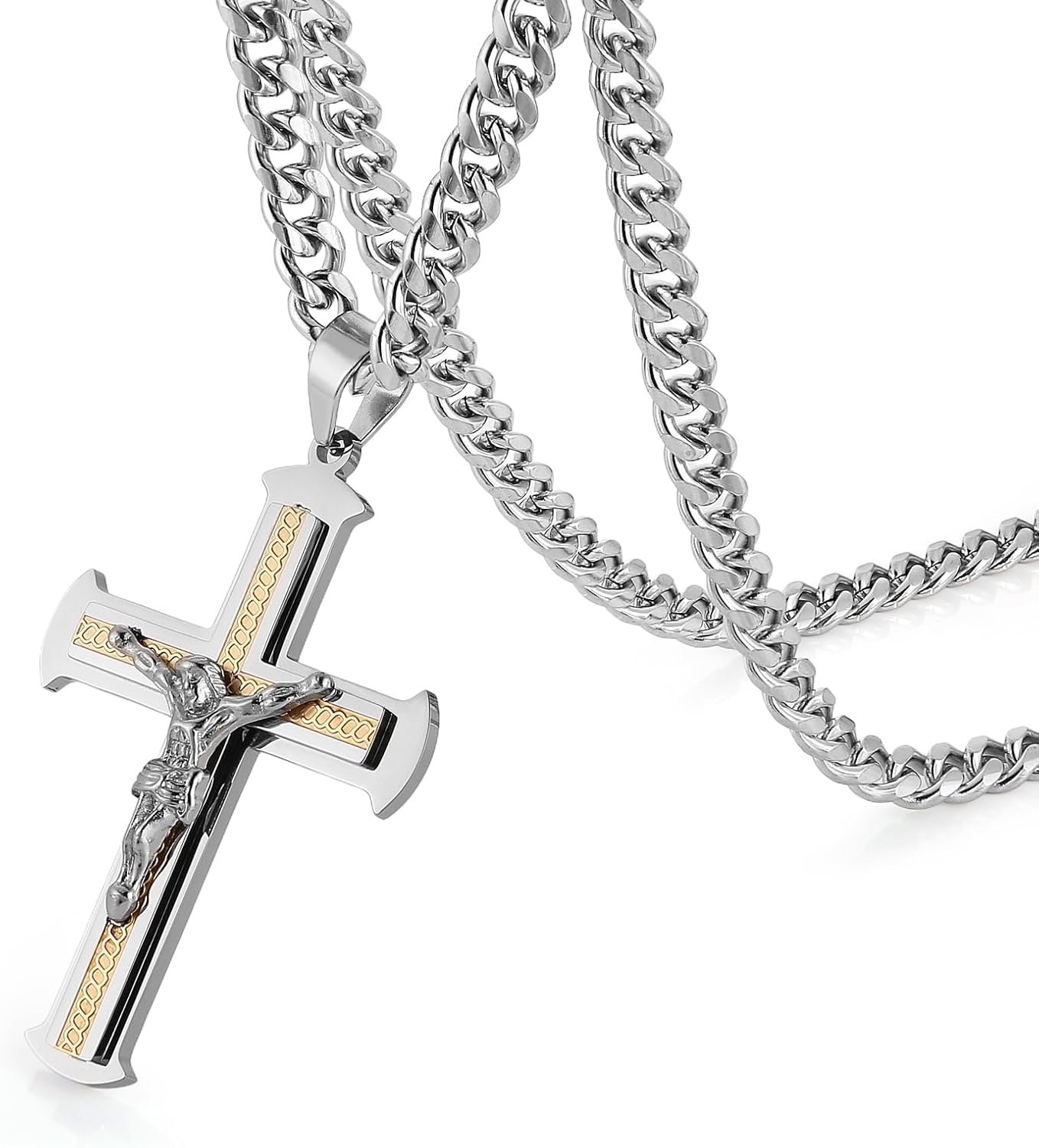 HZMAN Jesus Cross Necklace for Men Stainless Steel Large Crucifix Cross Necklace Pendant Christian Jewelry Gift with 24Inch Cuban Chain
