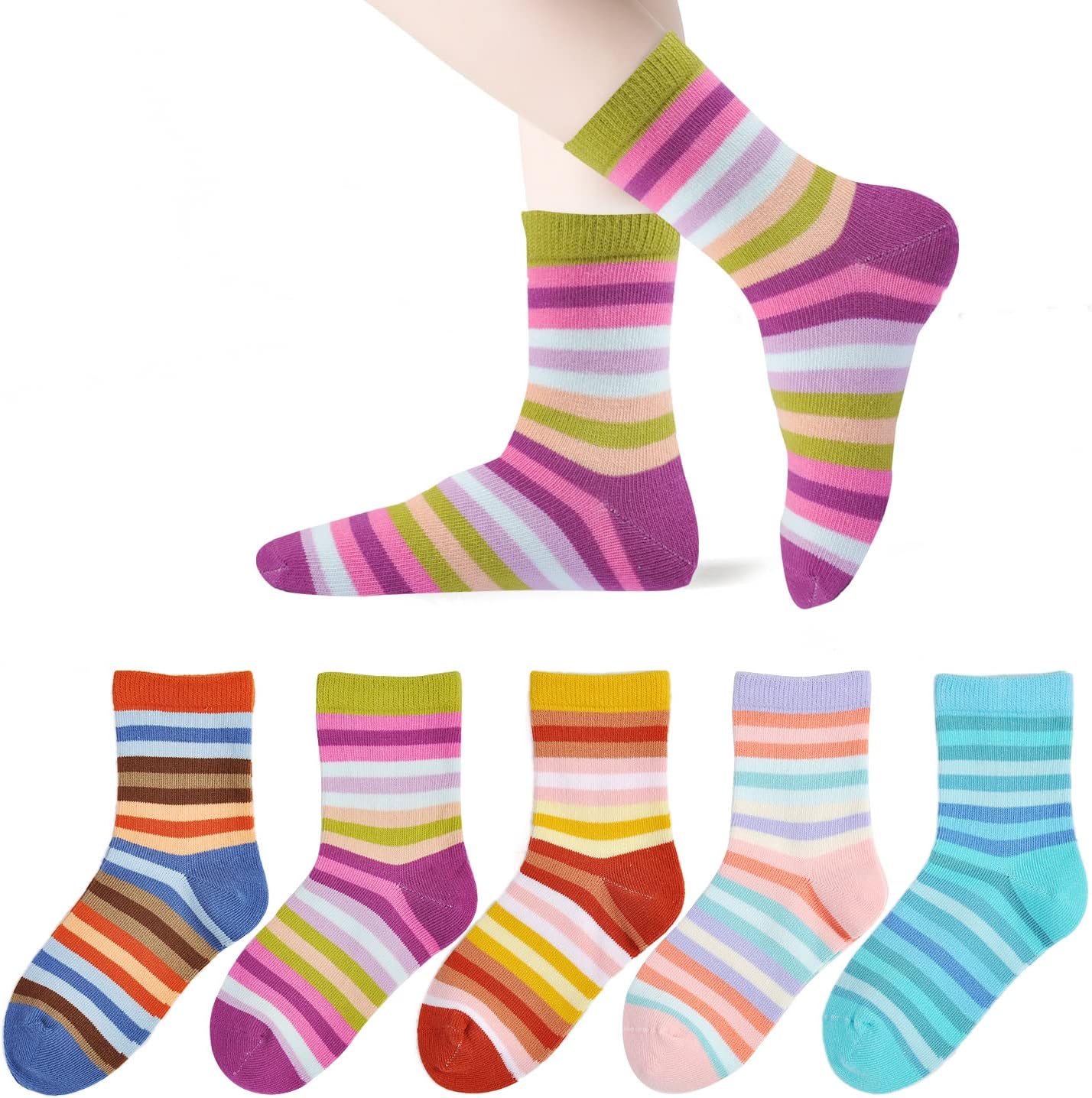 EPEIUS Kids Girls' 5 Pack Seamless Rainbow Stripes Crew Socks