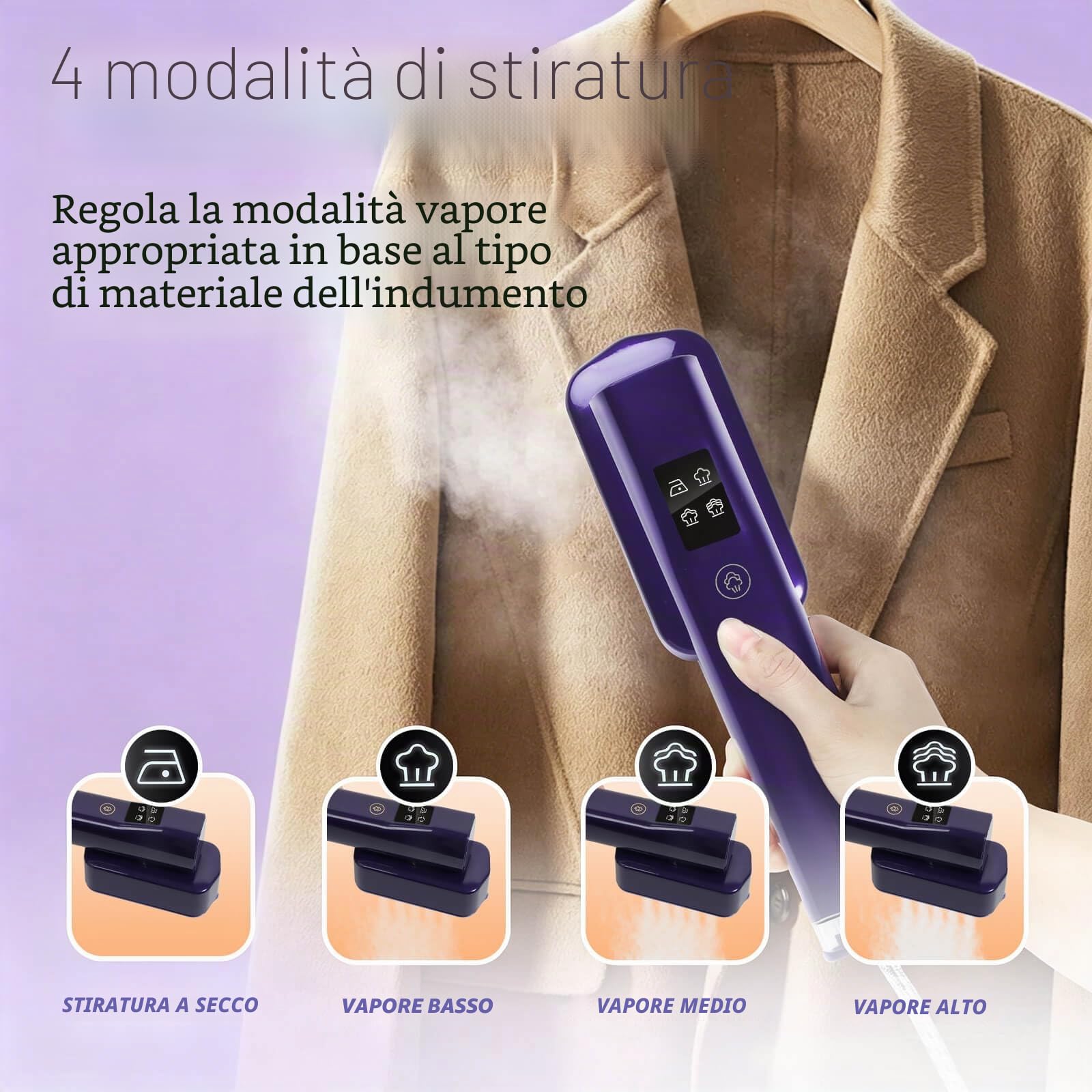 Ferro da Stiro Portatile Stiratore Verticale Touchscreen 2 in 1, Ferro da Stiro da Viaggio da 1200W, Serbatoio Dell'acqua da 100ML, Ferro da Stiro a Vapore per Viaggi e uso Domestico (Viola)