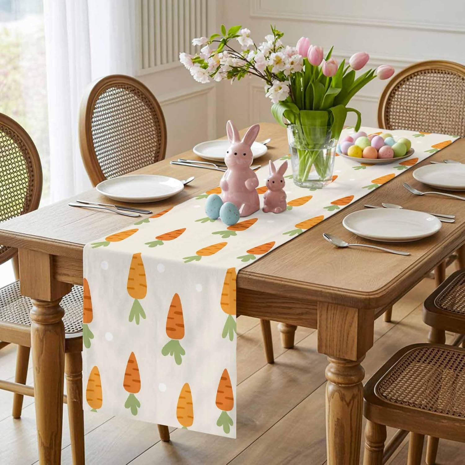 Easter Table Runner Carrot Table Runners Farmhouse Cotton Linen Seasonal Holiday Table Dresser Scarf Kitchen Dining Setting Table Decor for Dinner Party Home Indoor Outdoor 13x108 inches
