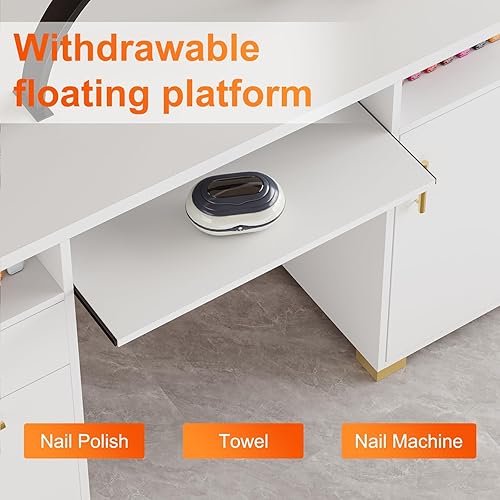 Vista 3 de Escritorio de uñas blanco para tecnología de uñas, mesa de manicura con 2 cajones y gabinete, mesa de uñas de 55 pulgadas con estante ajustable