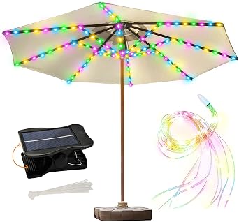Solar Umbrella Lights, 8 Strands Patio Umbrella Lights Outdoor with 8 Modes 3V Solar Panel Clip 112 Led Outdoor Waterproof for Beach Deck Garden Camping Tents Party DecorationMulticolor