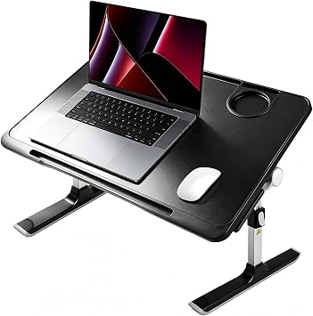 Adjustable Laptop Bed Table with Foldable Legs Multi-Angle Height Adjustable Notebook Stand for Bed Sofa Floor Lap Desk with Storage Drawer Cup Holder Phone Slot for Working Reading Eating